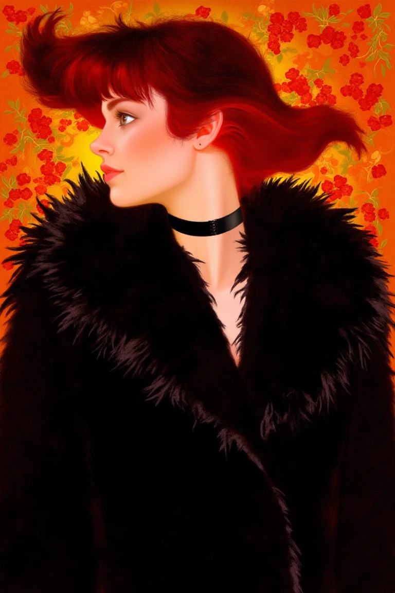 in the style of felix max, A digital painting depicts a young woman in profile, facing left. She has fair skin and auburn hair with red highlights, slightly tousled. A black choker necklace encircles her neck, and she wears a voluminous black fur coat with a deep V-neck, revealing a hint of her collarbone. The background glows with vibrant orange tones, patterned with red and yellow flowers and leaves, creating a rich contrast to her dark attire. Loose, expressive brushwork emphasizes color and atmosphere over fine detail.