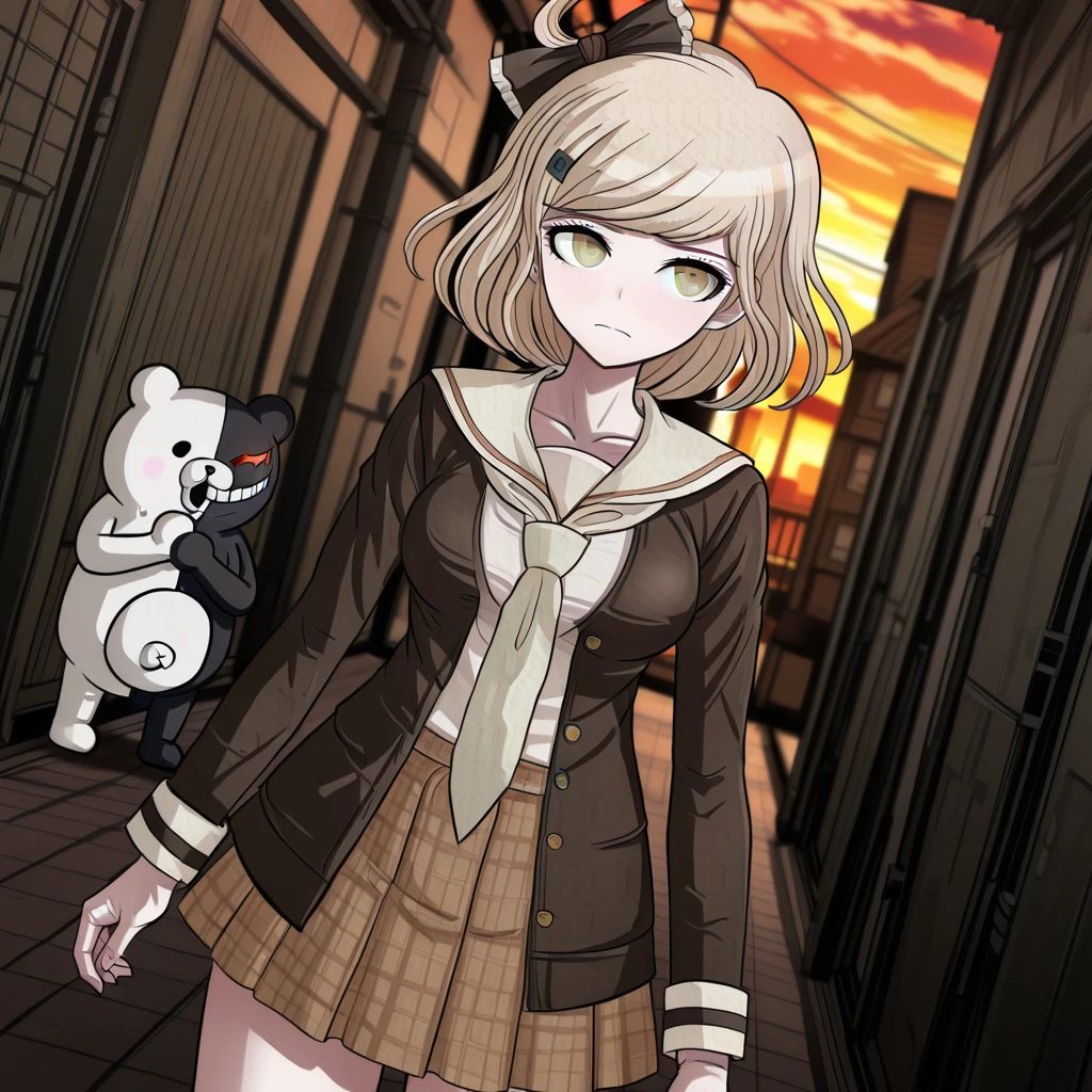 <lora:lazypos:1>, lazypos , masterpiece, best quality, amazing quality, very awa,absurdres,newest,very aesthetic,depth of field, highres, (anime screenshot),(anime coloring ), Sideways , Vanishing point , <lora:Kanon_Nakajima_Illustrious:1>,<lora:Danganronpa_Anime_Style_Mix_Illustrious_V2.01a:1>, danganronpa_3_(anime), danganronpa_(series), super_danganronpa_2.5:_komaeda_nagito_to_sekai_no_hakaimono, anime_screenshot , anime screencap, anime coloring, danganronpa_(series), danganronpa_another_episode:_ultra_despair_girls, komatsuzaki_rui_(style), danganronpa sprite style, nakajima_kanon, 1girl, solo, black_bow, blonde_hair, breasts, frilled_bow, frills, hair_bow, hair_ornament, hairclip, medium_breasts, medium_hair, yellow_eyes , brown_shirt, collarbone, jacket, skirt, necktie, open_clothes, open_jacket, pleated_skirt, shirt, shirt_tucked_in, white_necktie, white_shirt , warriors_of_hope_pursuit, chase_scene, rooftop_escape, urban_parkour, fear_and_adrenaline, monokuma_robots_following, dynamic_action, sunset_dramatic_lighting