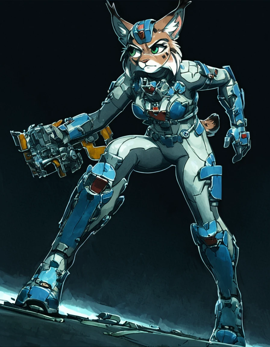 score_9, score_8_up, score_7_up, anthro, lynx, female, advanced suit, holding weapon, dark background, stepping, looking aside, dutch angle, solo, sci-fi corridor