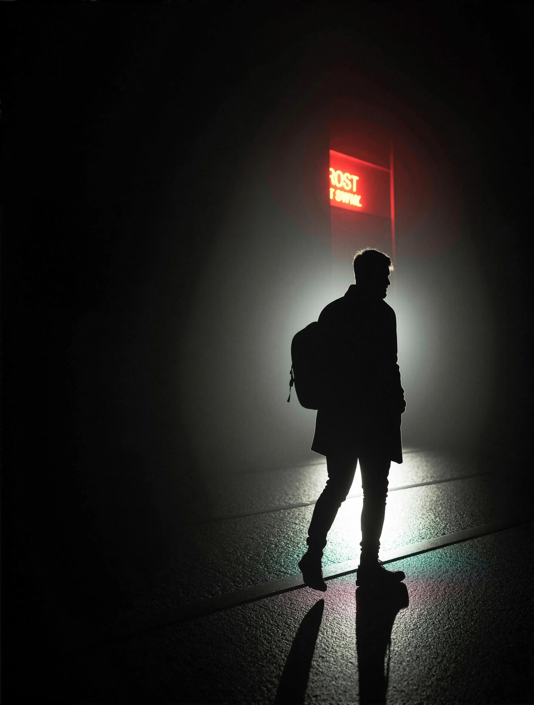 A full-body shot of a man walking down a dimly lit street at night. Neon signs glow in the background, reflecting off wet pavement. He wears a dark coat and carries a backpack, with strong rim light highlighting his silhouette.