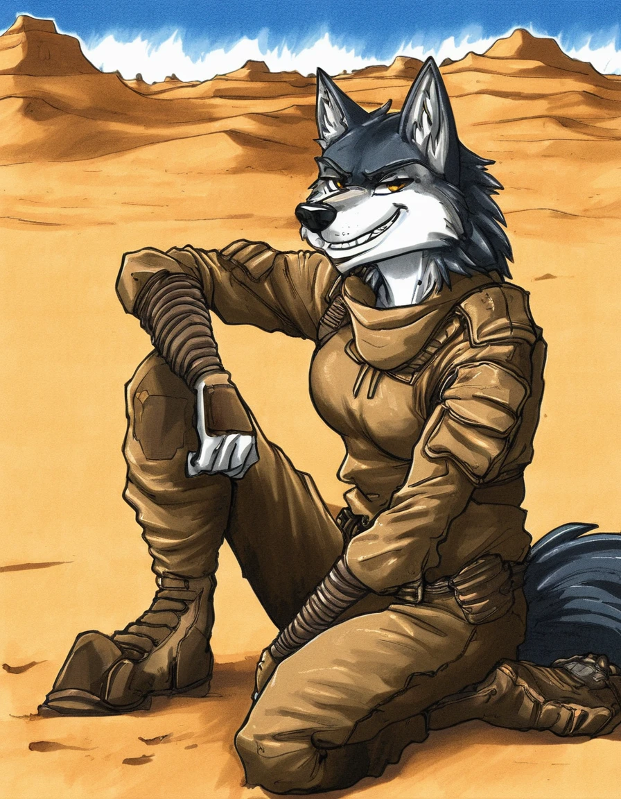 ewgengster, anthro, wolf, desert, sitting, on one knee, smirk