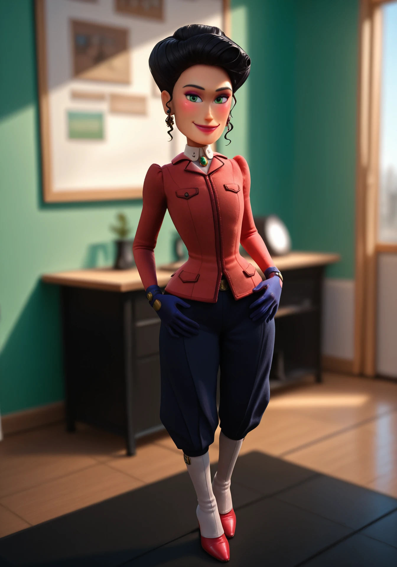 absurdres, 8k, high resolution, masterpiece, best quality, absolutely fantastic art, amazing quality, very aesthetic, realistic, 3d, blurry background, depth of field, <lora:adelinafortnight:.8>, adelinafortnight, 1girl, solo, smile, black hair, gloves, jewelry, green eyes, full body, earrings, pants, mole, makeup, lipstick