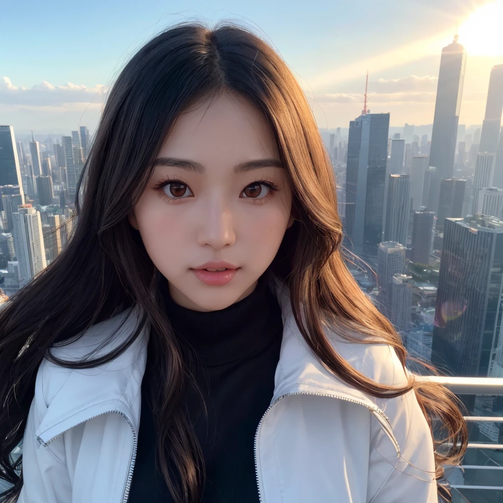 masterpiece, closeup shot, picture taken high atop skyscraper, surrounded by towering skyscrapers, Japanese girl, 1girl, futuristic minimalist jacket, colored jacket, pale skin, solo, (extremely small perky breasts:1.1), utopia city, futuristic, (white buildings:1.2), colored signs, clean city, utopia, downtown, skyscrapers, sci-fi city, black hair, very long wavy hair, vibrant dark eyes, (photorealistic face:1.25), stunning symmetry face, natural lighting, bloom, sun flare, blush, petite,