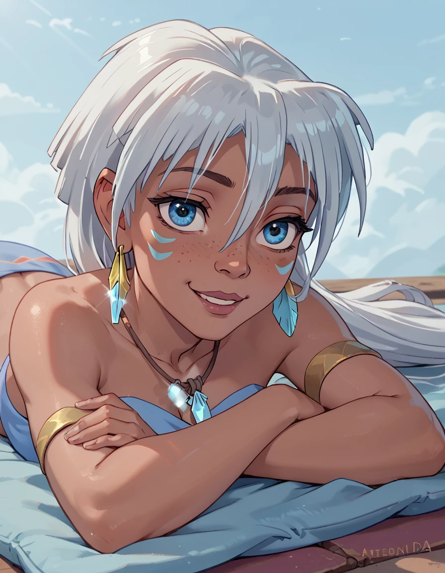 score_9, score_8_up, score_7_up, Atlantis_Kida, lying on stomach, head resting on arms, happy