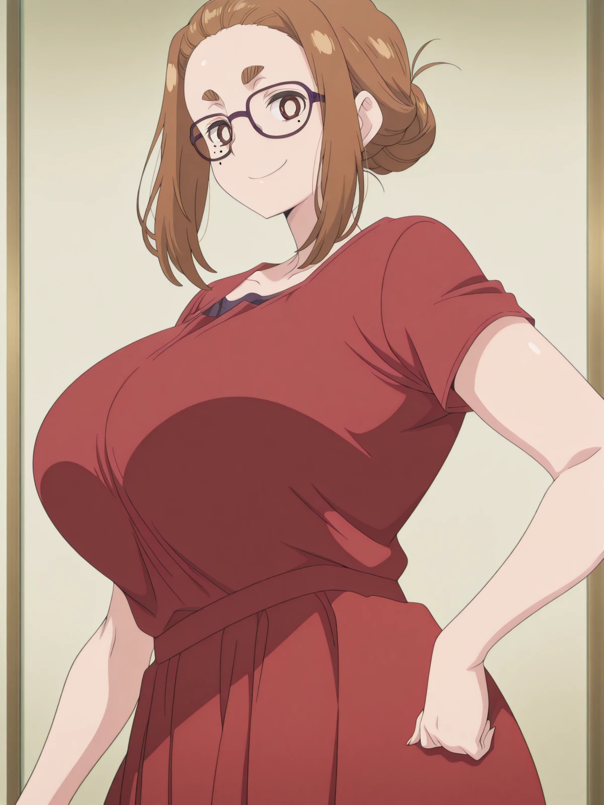 masterpiece, best quality, amazing quality,, <lora:sumireko-ogawa-s1-illustriousxl-lora-nochekaiser:1>, sumireko ogawa, brown hair, brown eyes, thick eyebrows, mole, mole under eye, forehead, sidelocks, glasses, mature female, huge breasts, anime screencap,, <lora:sailormars-pose-illustriousxl-lora-nochekaiser:1>, sailormars pose, solo, looking at viewer, smile, cowboy shot, hand on own hip,, , ,