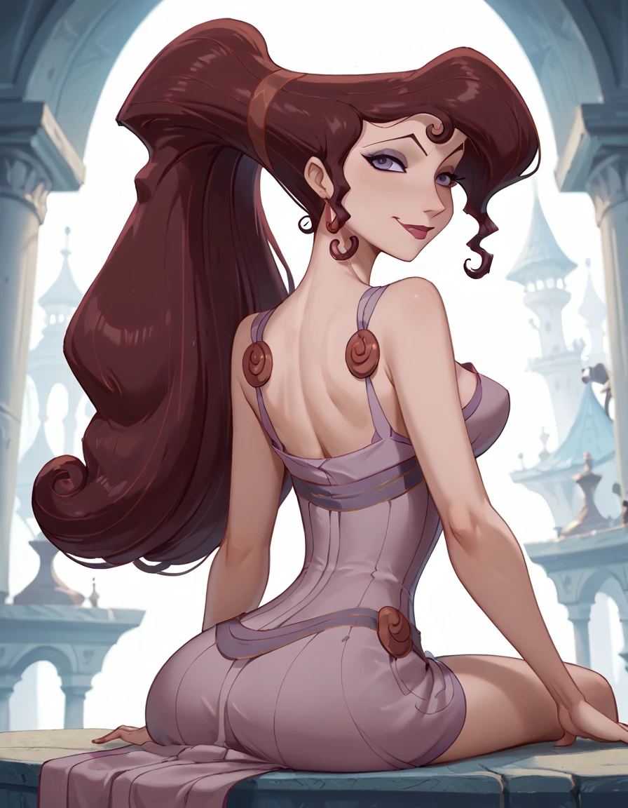 score_9, score_8_up, score_7_up, Hercules_Megara, sitting sideways, looking back, cheeky smirk
