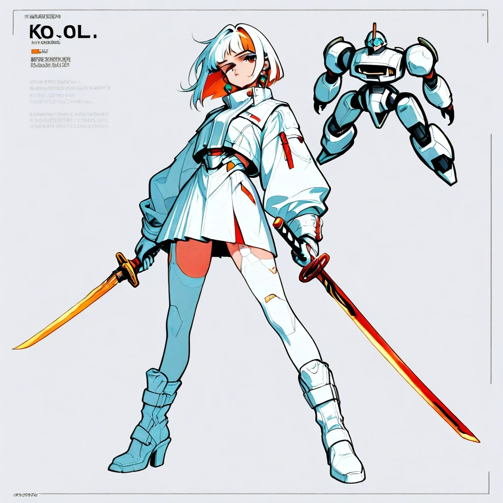 heel boots, skirt, gloves, white jacket, solo, white footwear, sword, earrings, holding, robot, white thighhighs, katana, short hair, Multicolor hair
