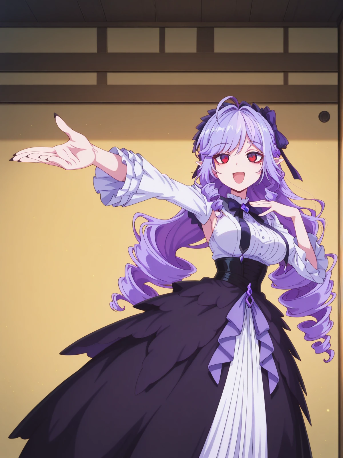 masterpiece, best quality, amazing quality,, <lora:zzz-vivian-ingame-illustriousxl-lora-nochekaiser:1>, vivian, vivian banshee, ahoge, long hair, mole, mole under eyes, pointy ears, purple hair, red eyes, streaked hair, drill hair, braid, hair bow, mature female, medium breasts, 3d, <lora:curebeauty-pose-illustriousxl-lora-nochekaiser:1>, curebeauty pose, solo, smile, open mouth, standing, :d, outstretched arm, hands up,, , ,