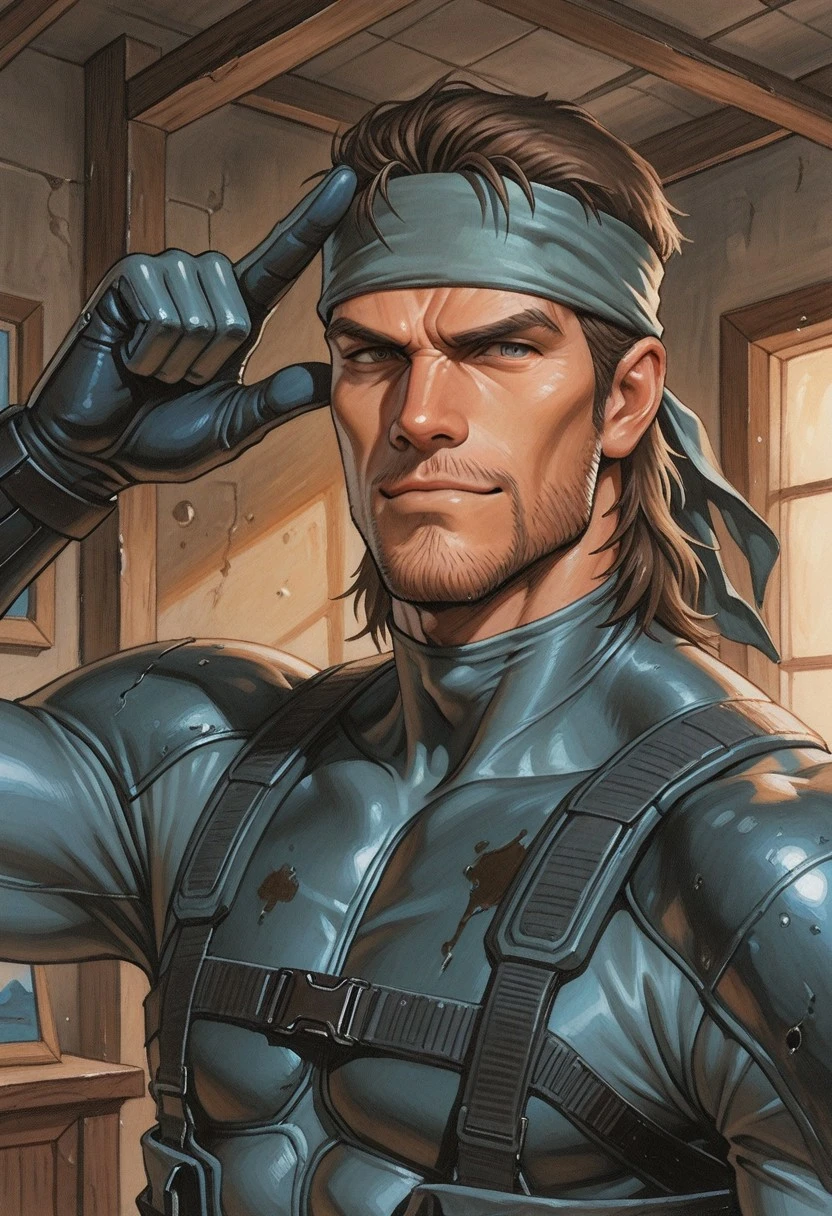 P_T_K, w_c, traditional media, painting (medium), masterpiece, best quality, absurdres, , 1boy, male focus, solo, solid snake, bandana, mullet, brown hair, stubble, sneaking suit, portrait, pointing at forehead, smug, indoors, industrial