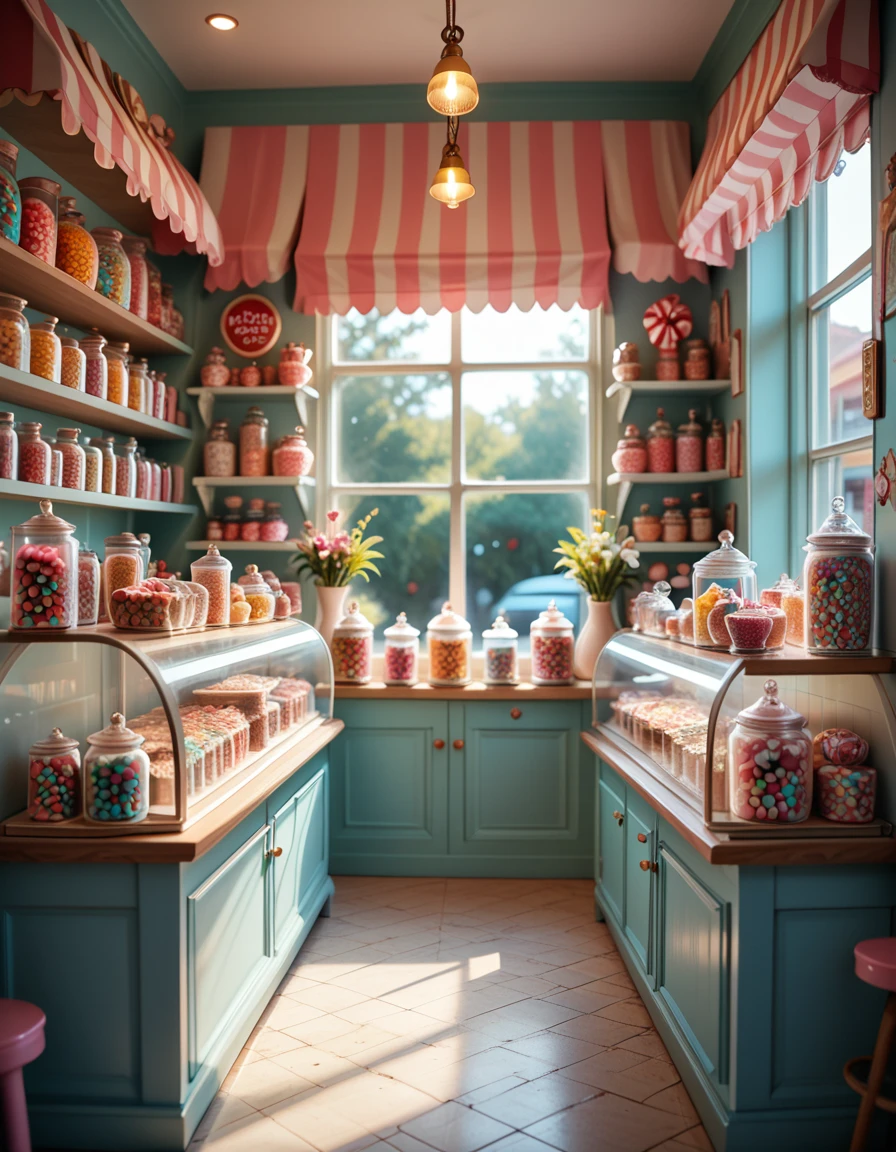 A whimsical candy shop filled with shelves overflowing with colorful sweets, glass jars of lollipops, gummy bears, and chocolates. The shop interior glows warmly, with pastel-painted walls, striped awnings, and a playful, nostalgic atmosphere that feels magical and inviting.
<lora:whimsical_candy_sh0p-p:1>whimsical candy sh0p score_9, score_8_up, score_7_up,amazing quality, ultra realistic, 3D, HD, best quality, amazing quality, very aesthetic, absurdres
