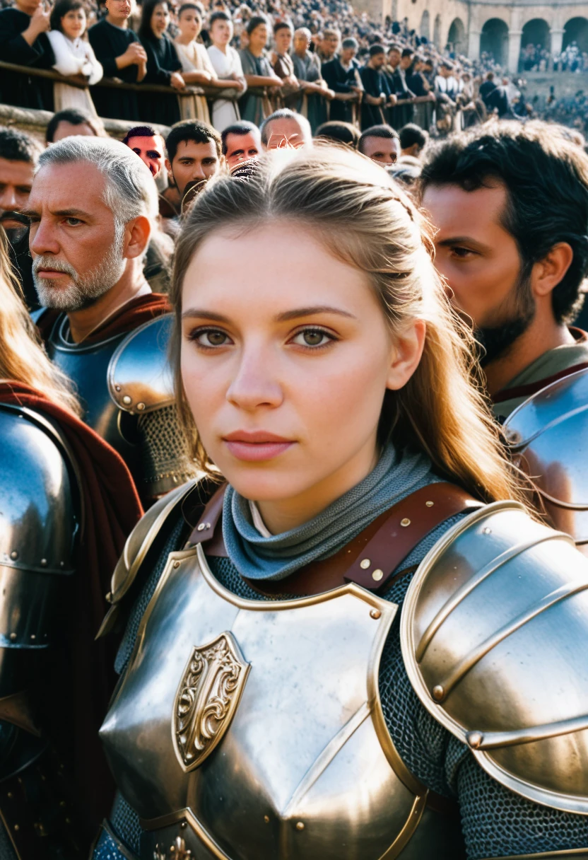score_9, score_8_up, score_7_up, portrait photo of a beautiful girl in medieval armor, shot on Fujifilm Superia 400, natural lighting, next to a crowd of people in ancient Rome, close-up shot, 32K, cinematic composition, professional color grading, film grain, atmosphere, wondrous, highly detailed armor textures and skin pores, masterpiece, best quality, photorealistic.