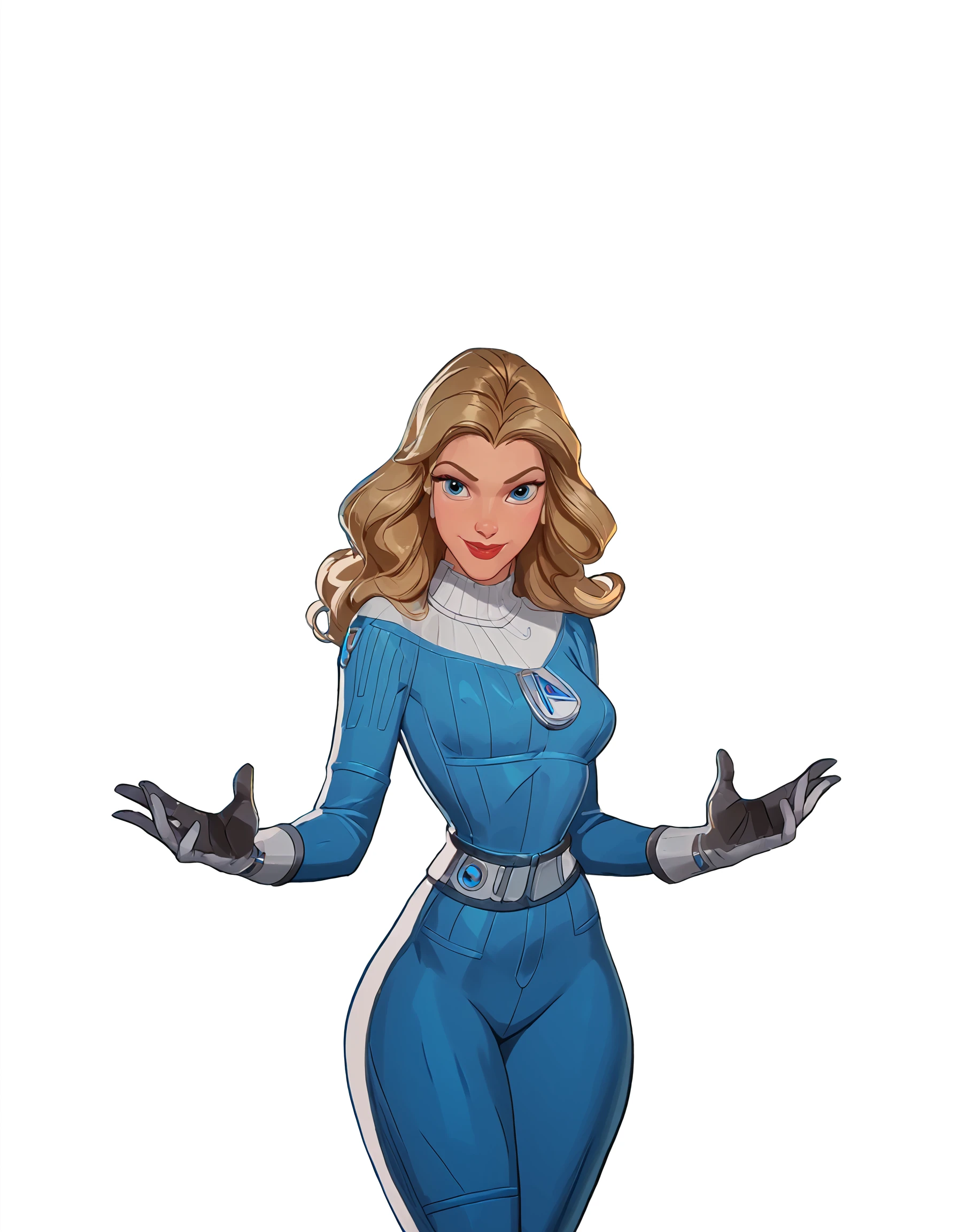<lora:Disney_Style:1> <lora:Disney_Animation_Pony_v1:0.1> <lora:princess_xl_v2:.75> <lora:add-detail-xl:.9> <lora:g0th1cPXL:.3> <lora:Cherry-Gig:.45> <lora:Expressive_H:1> <lora:PLASTT_PonyV6:1> score_9, score_8_up, score_7_up, zPDXL, (DisneyRenstyle), score_9,score_8_up,score_7_up,score_6_up,
1girl, solo, (((Sue Storm, Standing, first steps outfit, 3/4 view, ambient light, white background, plain background)))
(blonde wavy hair), white and blue jumpsuit, Fantastic 4 logo, white and blue gloves, white belt, white shoulder pads, white turtleneck,
perfect face, beautiful face, smile, excited expression, red lips, blue eyes, slender, sexy legs,
<lora:Sue_Storm__Invisible_Woman__Marvel_Rivals__By_Zairasass:0.9>