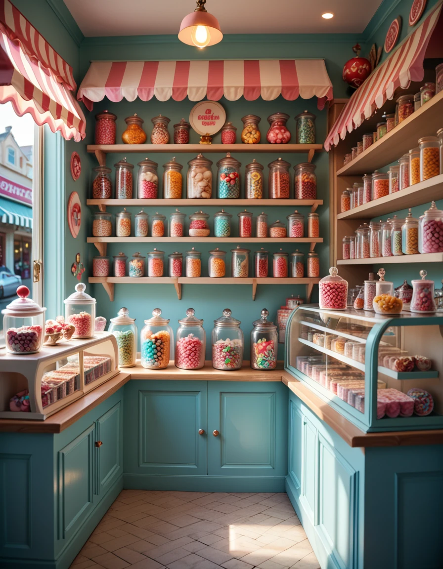 A whimsical candy shop filled with shelves overflowing with colorful sweets, glass jars of lollipops, gummy bears, and chocolates. The shop interior glows warmly, with pastel-painted walls, striped awnings, and a playful, nostalgic atmosphere that feels magical and inviting.
<lora:whimsical_candy_sh0p-p:1>whimsical candy sh0p score_9, score_8_up, score_7_up,amazing quality, ultra realistic, 3D, HD, best quality, amazing quality, very aesthetic, absurdres