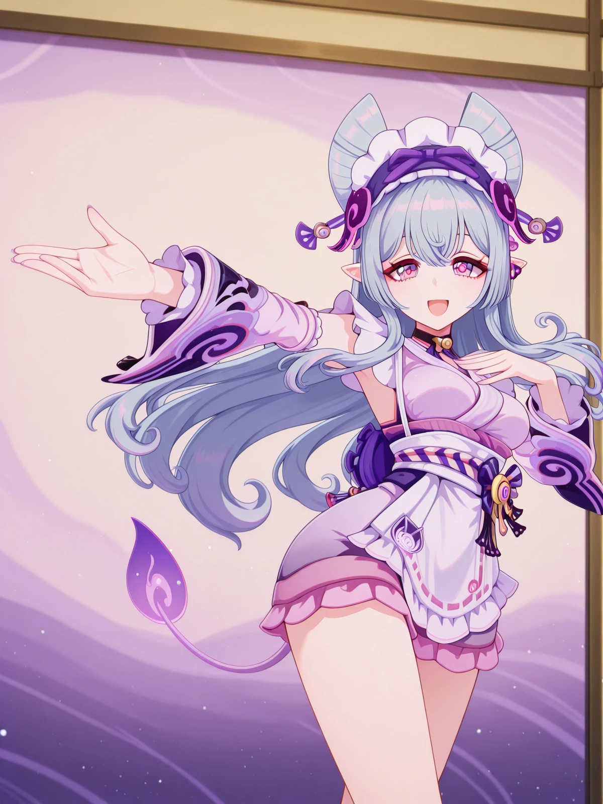 masterpiece, best quality, amazing quality,, <lora:genshin-mizuki-yumemizuki-ingame-illustriousxl-lora-nochekaiser:1>, mizuki yumemizuki, yumemizuki mizuki, long hair, purple eyes, tail, grey hair, hairband, pointy ears, pink eyes, mature female, medium breasts, 3d, <lora:curebeauty-pose-illustriousxl-lora-nochekaiser:1>, curebeauty pose, solo, smile, open mouth, standing, :d, outstretched arm, hands up,, , ,