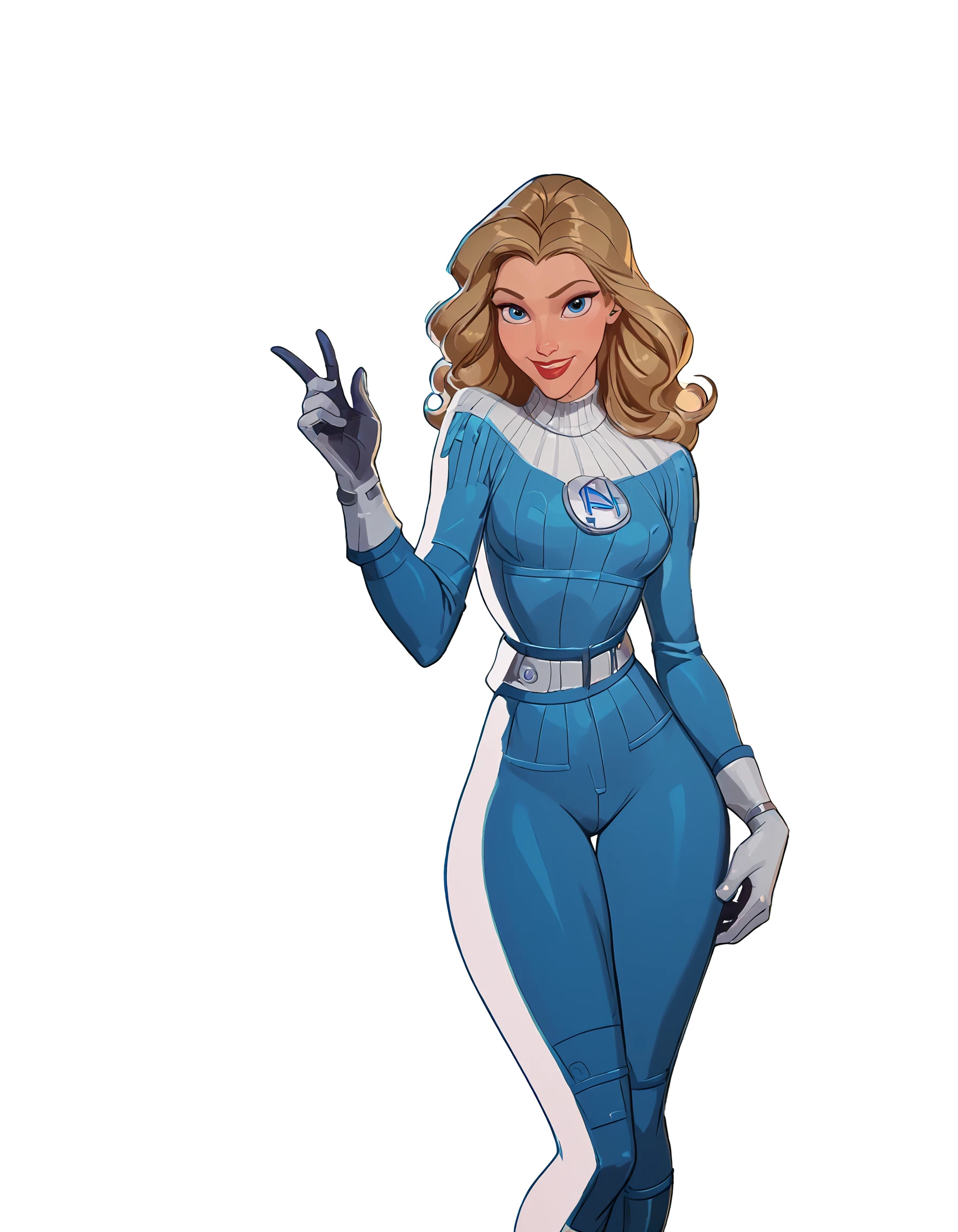 <lora:Disney_Style:1> <lora:Disney_Animation_Pony_v1:0.1> <lora:princess_xl_v2:.75> <lora:add-detail-xl:.9> <lora:g0th1cPXL:.3> <lora:Cherry-Gig:.45> <lora:Expressive_H:1> <lora:PLASTT_PonyV6:1> score_9, score_8_up, score_7_up, zPDXL, (DisneyRenstyle), score_9,score_8_up,score_7_up,score_6_up,
1girl, solo, (((Sue Storm, Standing, first steps outfit, 3/4 view, ambient light, white background, plain background)))
(blonde wavy hair), white and blue jumpsuit, Fantastic 4 logo, white and blue gloves, white belt, white shoulder pads, white turtleneck,
perfect face, beautiful face, smile, excited expression, red lips, blue eyes, slender, sexy legs, hands out, fantastic 4 gang sign,
<lora:Sue_Storm__Invisible_Woman__Marvel_Rivals__By_Zairasass:0.9>