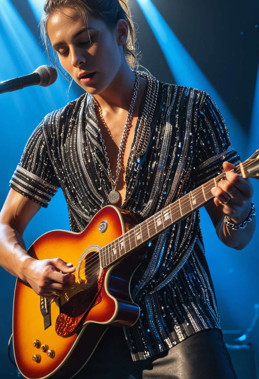 score_9, score_8_up, score_7_up, close-up of a musician playing guitar, {focus on face and hands:1.2), on stage with bright lights, wearing a chain shirt, high-resolution, dramatic lighting, 8K UHD, highly detailed strings and skin, masterpiece, best quality, ultra detailed, photorealistic performance vibe.