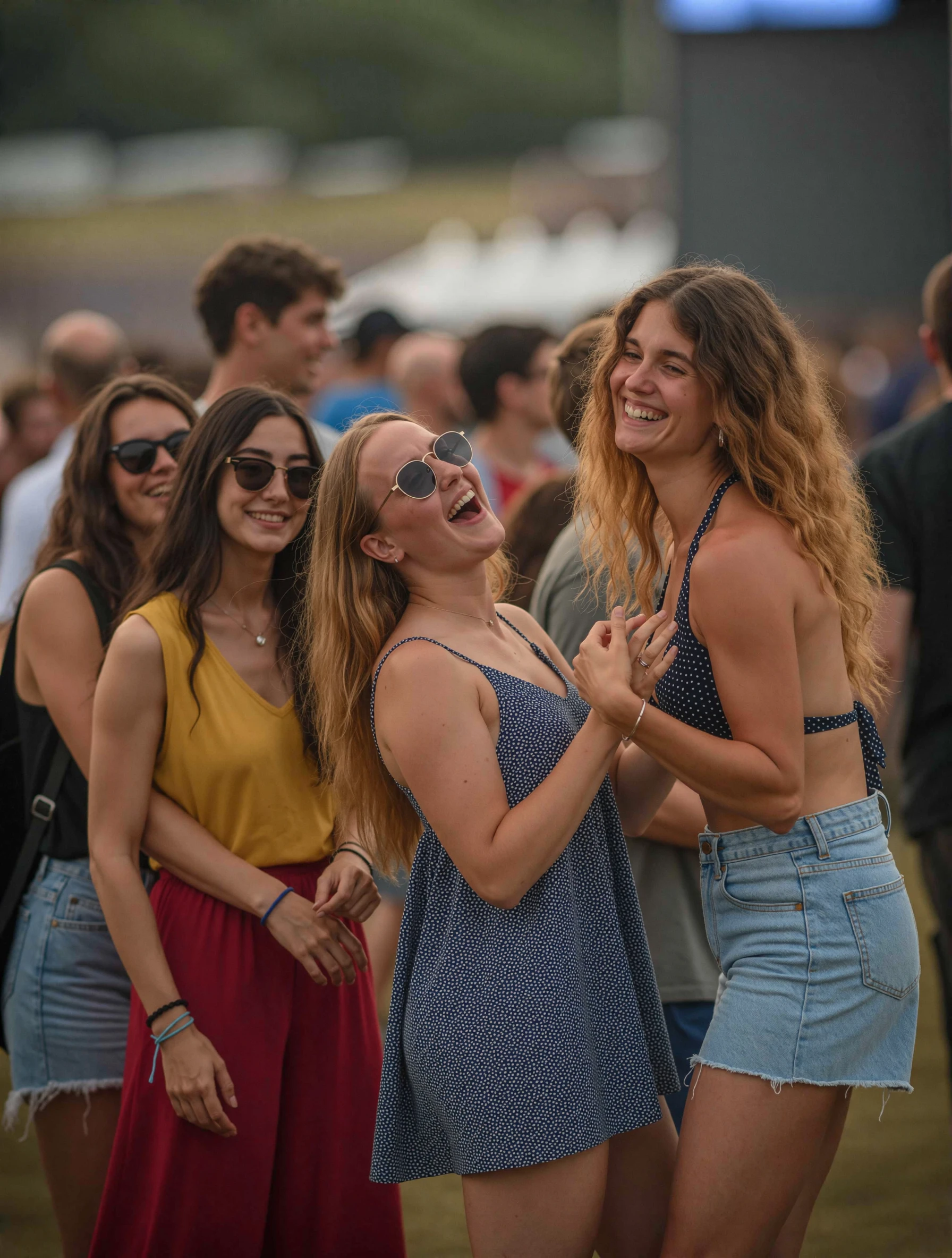 A candid photo of a group of friends at an outdoor music festival. They wear colorful outfits and sunglasses, dancing and laughing together. The background is filled with blurred crowds and bright stage lights.