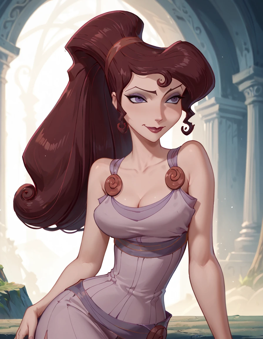 score_9, score_8_up, score_7_up, Hercules_Megara, sitting cross-legged, relaxed posture, cheeky smirk