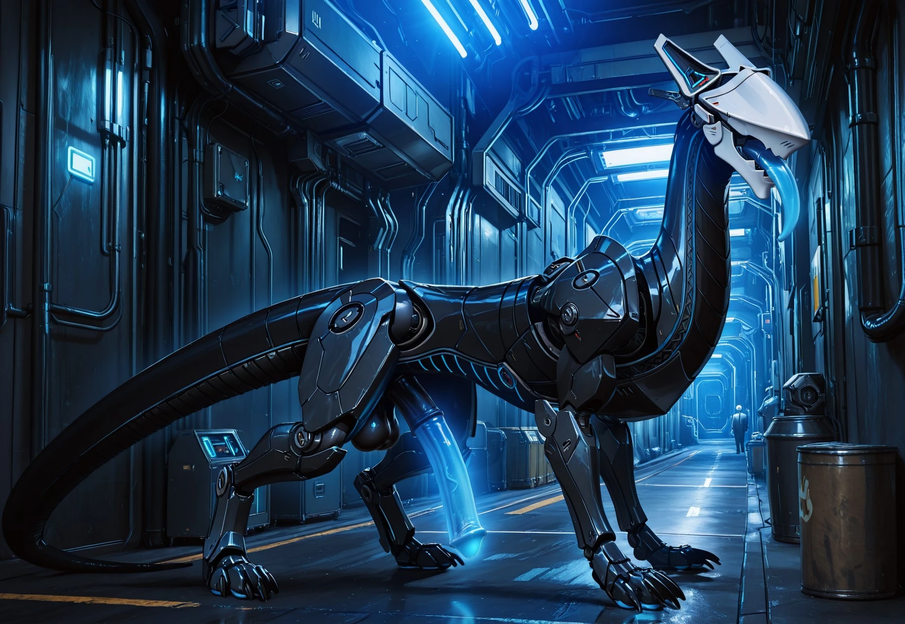 score_9, score_8_up, score_7_up, western cartoon, high quality, very high quality, detailed, alley, 3d. realistic, volumetric light, dark, neon, cyberpunk,
1boy, VST, Robot, quadruped, mechanical body, white head, blue tongue, non-humanoid robot, white head, solo, full body, blue penis, glowing penis, claws, blue paw pads, white head, side view, huge male, long neck, lizard like body, detailed background, sci fi, spaceship interior, equine penis, mecha, balls, equine penis, black metal, feral,