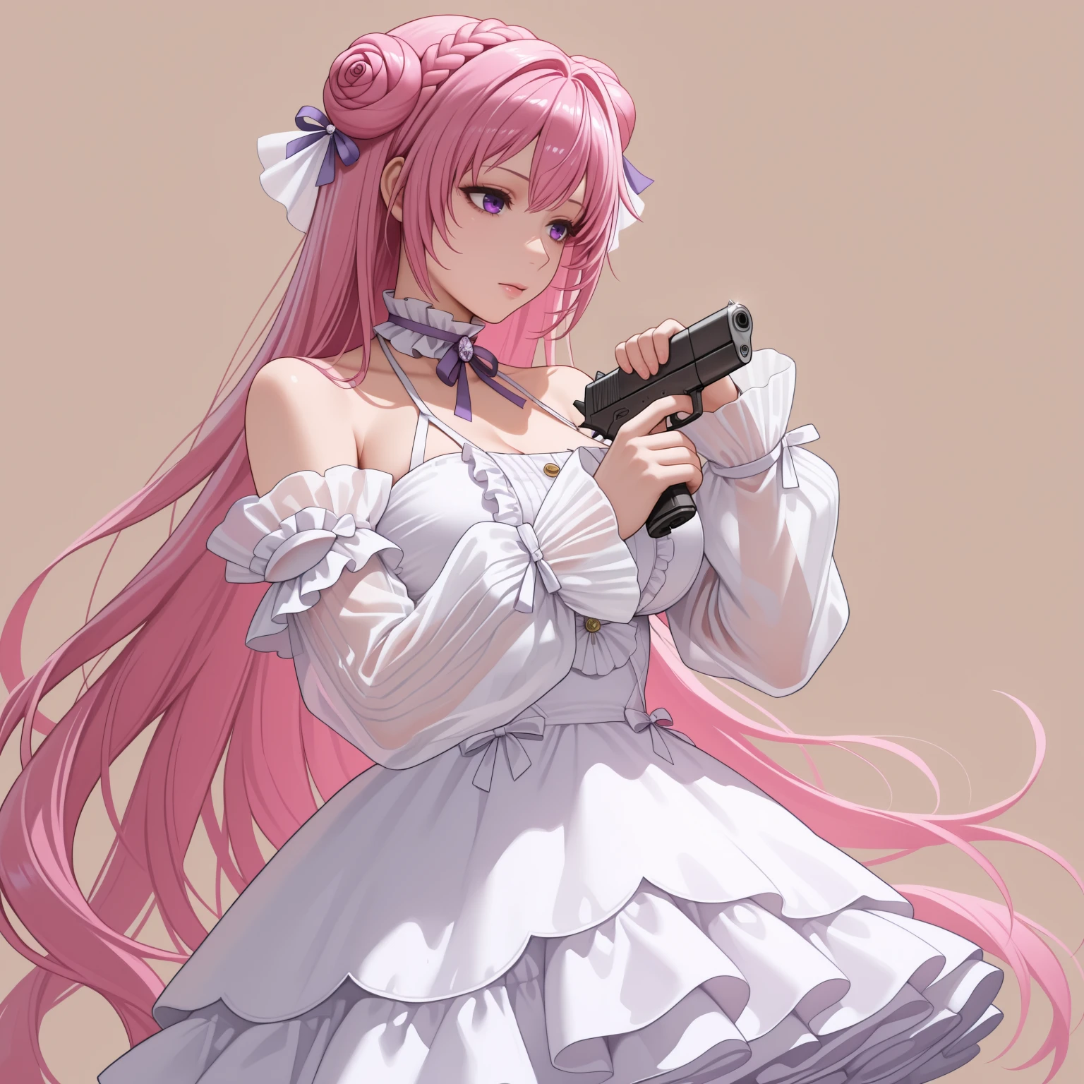 holding gun, handgun, trigger discipline, <lora:Im_a_healer_but_meme-000010:1> <lora:dorothy-nikke-richy-v1_ixl:1> drthdf, purple eyes, pink hair, very long hair, braid, single hair bun, hair ornament, hair ribbon, purple ribbon, large breasts, frilled choker, neck ribbon, halterneck, white dress, center frills, frilled dress, see-through sleeves, sleeves past wrists, bare shoulders, simple background,