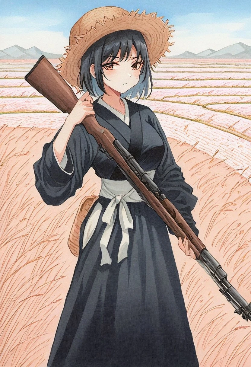 P_T_K, r_c, w_c, traditional media, painting (medium), masterpiece, best quality, absurdres, asian, 1girl, solo, female focus, black hair, black Vietnamese clothes, SKS, rifle,holding rifle, weapon over shoulder, rice paddy, outdoors, straw hat, standing, cowboy shot, outdoors
