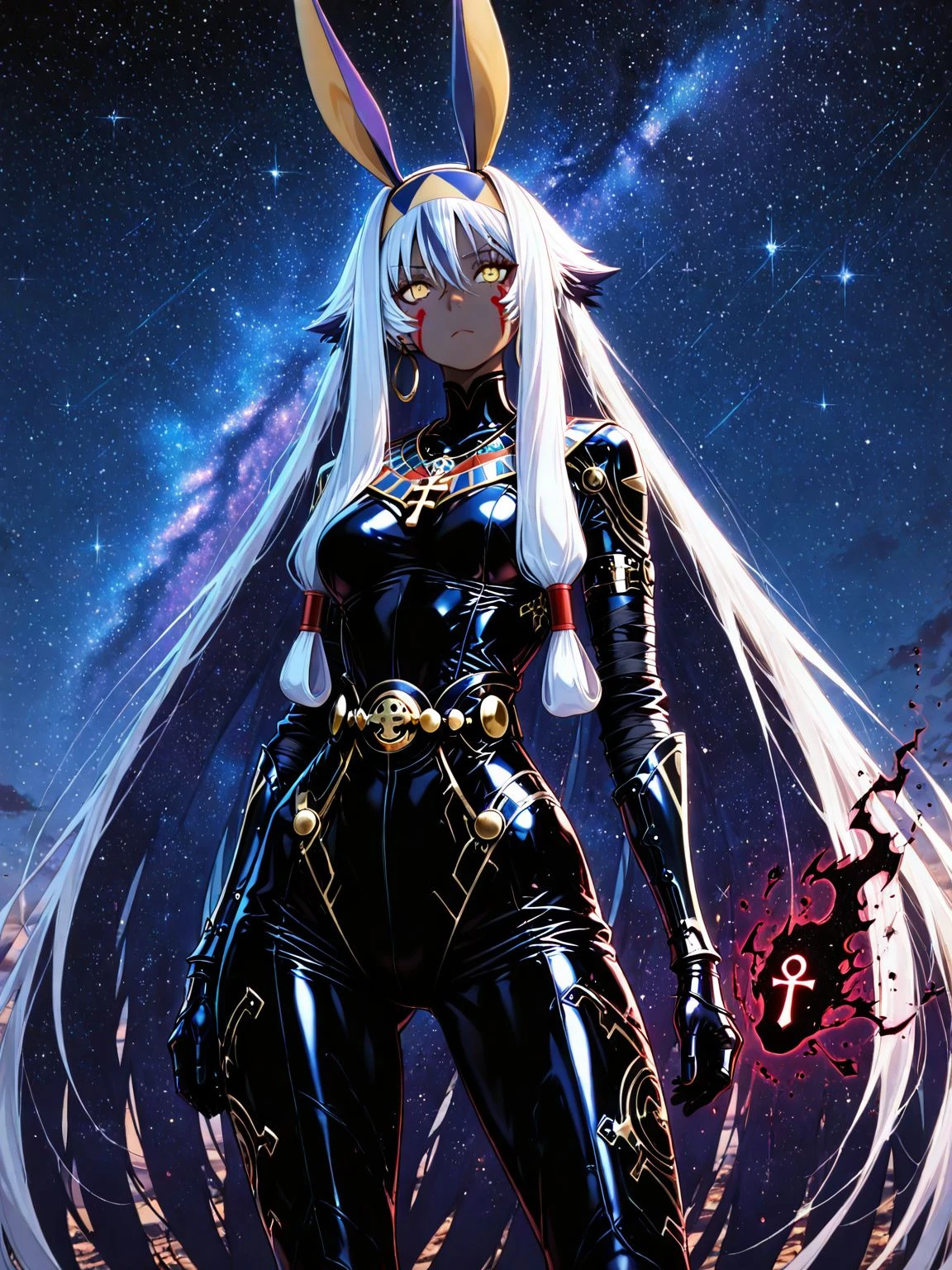 masterpiece, best quality, very aesthetic, (newest:1.1),highres,absurdres ,
fate (series) , fate/grand order,
LORATEST, ( nitocris (fate) nitocris alter (first ascension) (fate) (very long hair very long sidelocks :1.2) (hair flaps hair tubes) :1.1), 
yellow eyes, dark skin, facial mark, scar across eye, white hair, 
necklace, ankh, bodysuit, bandages over body, (bandages), leggings, gauntlets,
black magic effects,
beautiful,[glossy skin],very detailed skin,skin pores,   legs apart ,
1girl, sensitive, ,artistic,elegant,cool
,
midnight, starry,(very detailed background:1.1),
<lora:AddMicroDetails_Illustrious:0.8> 
<lora:ponyv6_noobV1_2_adamW:0.4>