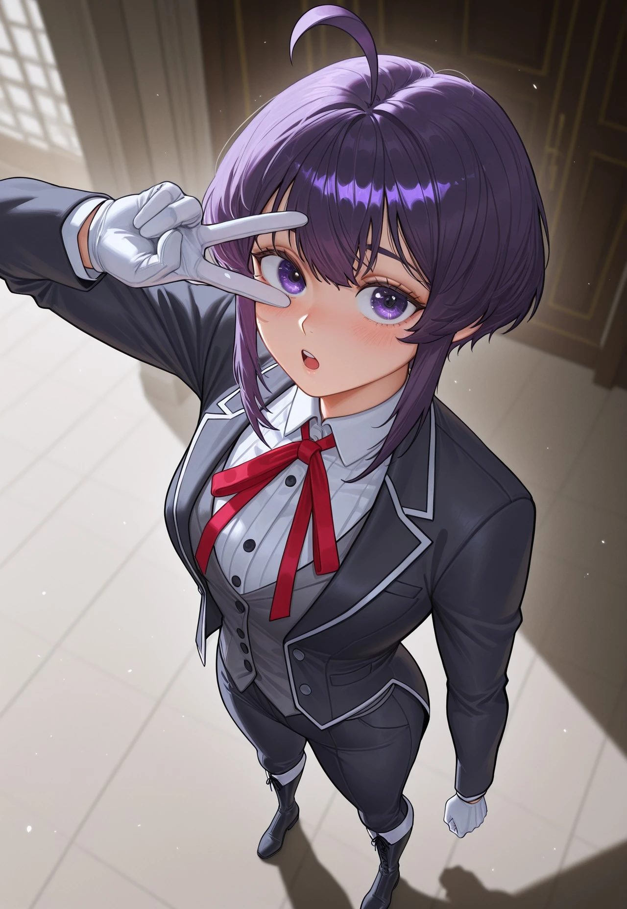 lazypos, masterpiece, best quality, amazing quality, (8k:1.7), (high contrast:1.3), vibrant, (high quality:1.4), UHD, ray tracing, impressionism (1.5), ultra-detailed, absurdres, newest, scenery, 3d, rendered, score_9, score_8_up, score_7_up, score_6_up, full body, dynamic angle, chest up, face focus, high angle,
kaniaH, 1girl, solo, purple hair, short hair, ahoge, sidelocks, purple eyes, detailed eyes, (butler uniform), purple hair, short hair, ahoge, sidelocks, purple eyes, blush, white shirt, grey vest, black jacket, red ribbon, white gloves, black knee boots, peace sign over eye, open mouth,
(cinematic:1.3), stunningly beautiful, intricate details, sharp focus, cinematic color grading, stuffyai_800style,