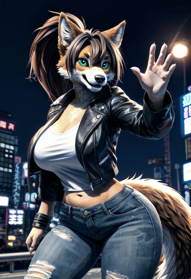 (((masterpiece, best quality, newest, absurdres, highres))),
bokeh, fluffy, 3d, furry female, solo, looking at viewer, anthro, action pose, wolf, furry wolf, brown hair, long hair, ponytail, light brown fur, green eyes, large breasts, wide hips, leather jacket, torn jeans, open jacket, long tail, tokyo \(city\), city, city lights, night,
<segment:face//cid=11>, <segment:hand//cid=12>