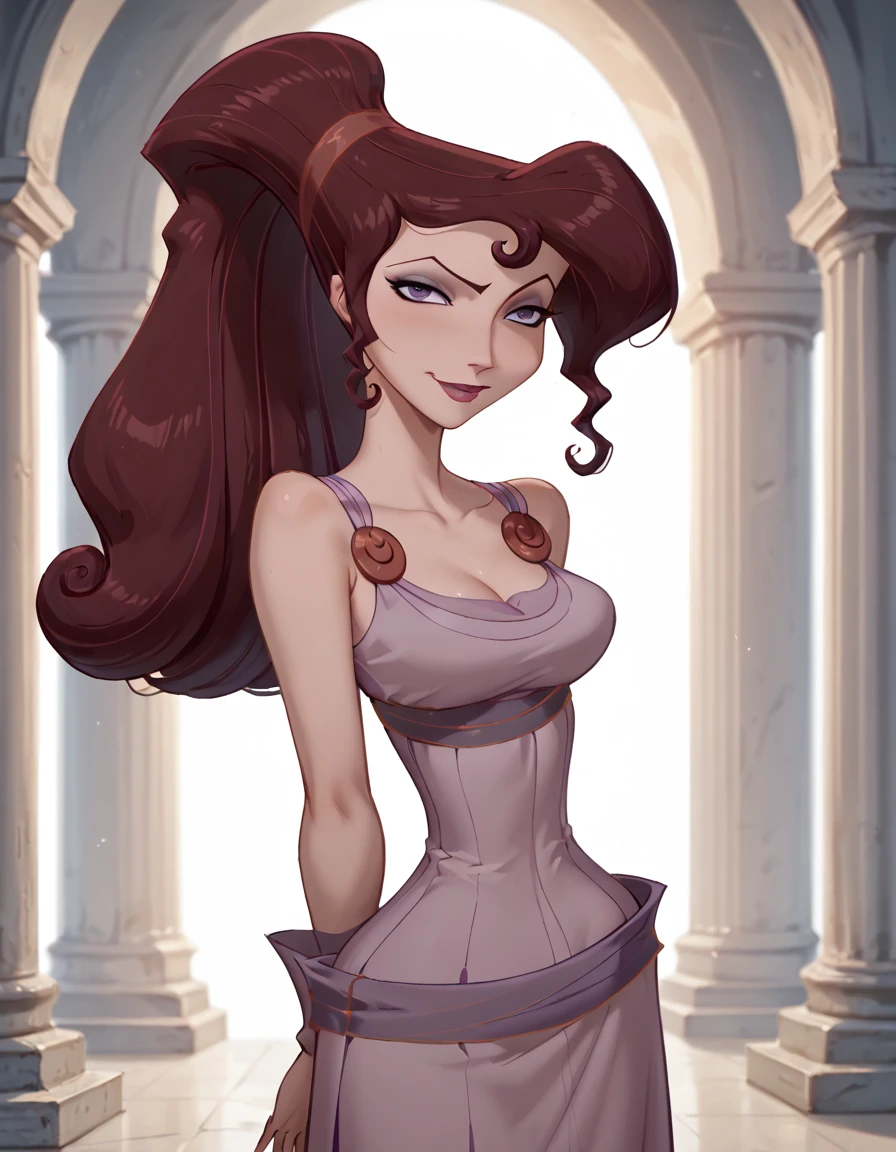 score_9, score_8_up, score_7_up, Hercules_Megara, standing, arms behind back, cheeky smirk