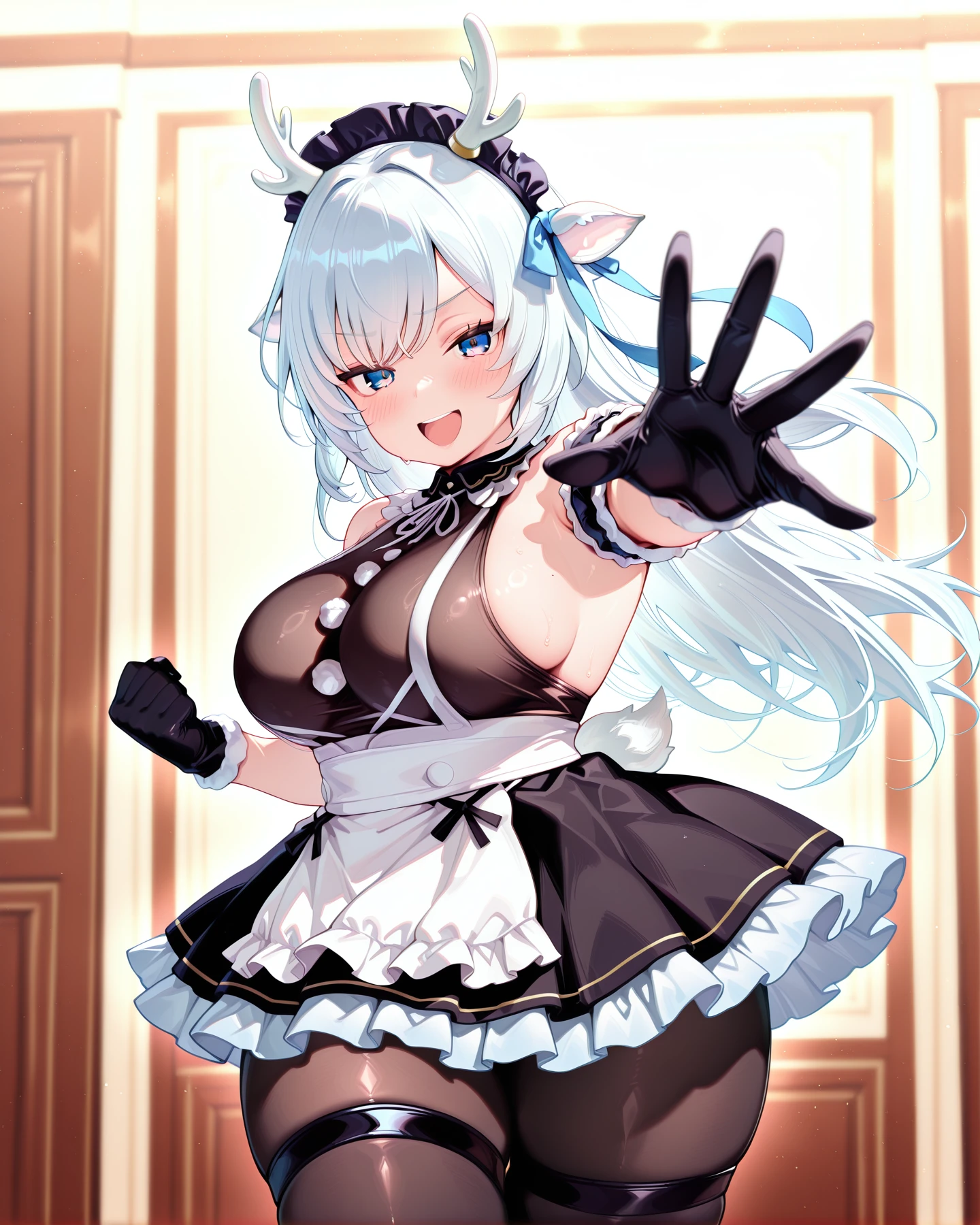 <lora:LECO-mature_female_XL(ill)v11:1> , <lora:Curvier:1>plump, thick thighs, wide hips, curvy,
<lora:Hakushika_IoriPC:1> KakIori, blue eyes, long hair, white hair, antlers, white deer ears, blue ribbon, black headdress, large breasts, maid collar, bare shoulders, black sleeveless top, maid apron, skirt, maid armlet, fur trim, black gloves, frill apron, black pantyhose, white high heels, bare shoulders, black bodysuit, black gloves, black armlet, pantyhose,
<lora:kongou-pose-illustriousxl-lora-nochekaiser:1> kongou pose, solo, looking at viewer, blush, smile, open mouth, outstretched arm, outstretched hand, clenched fist,, IllusP0s, masterpiece, best quality, amazing quality, very aesthetic, absurdres, newest, Smooth_Quality
