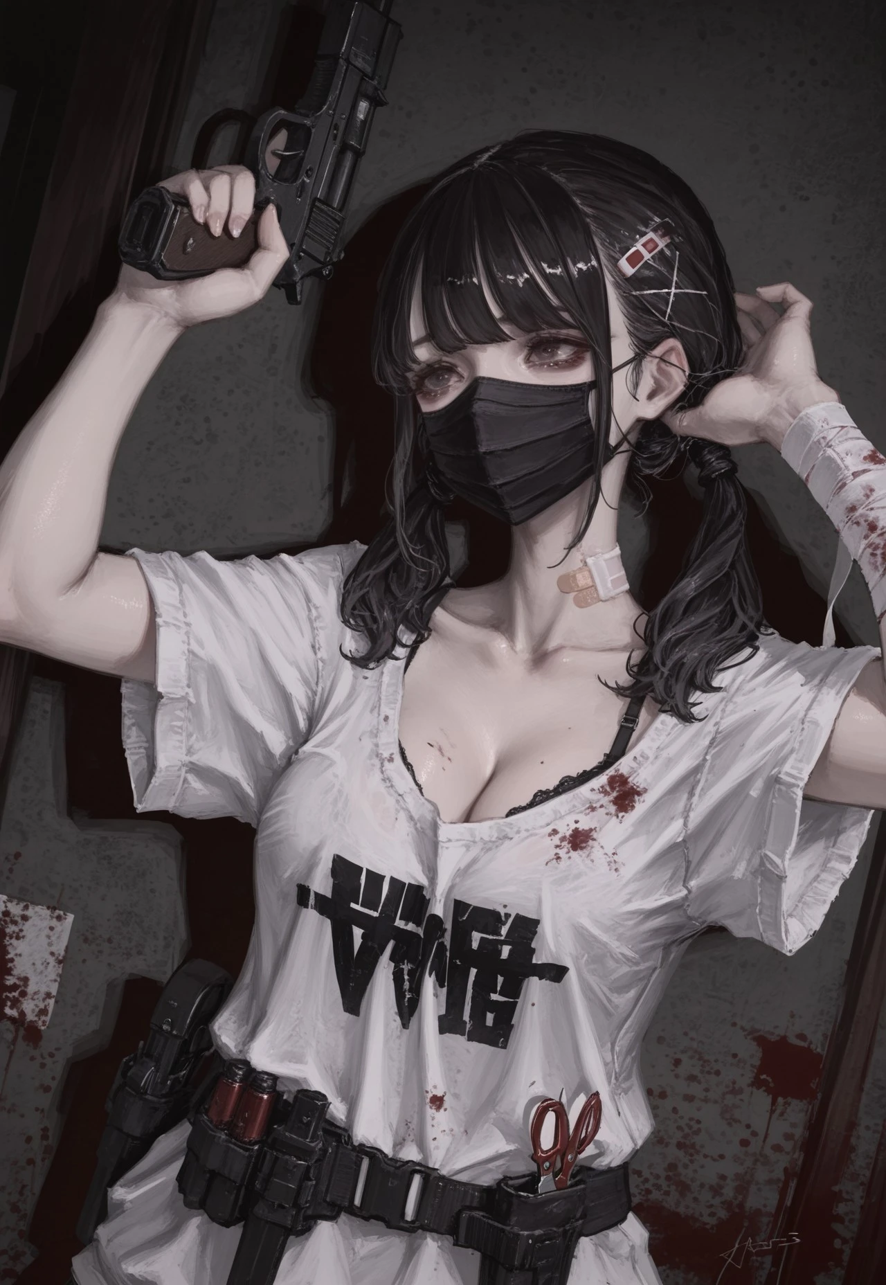 araibokuseki, masterpiece, best quality, highly detailed, high-quality, painting of a woman with blood on her clothes, 1girl, bandaid, weapon, scissors, solo, gun, bandages, bandaid on face, bra, breasts, blood, cleavage, black hair, twintails, mouth mask, mature, Equipment belt, oversize t-shirt, dynamic angle, dynamic pose,