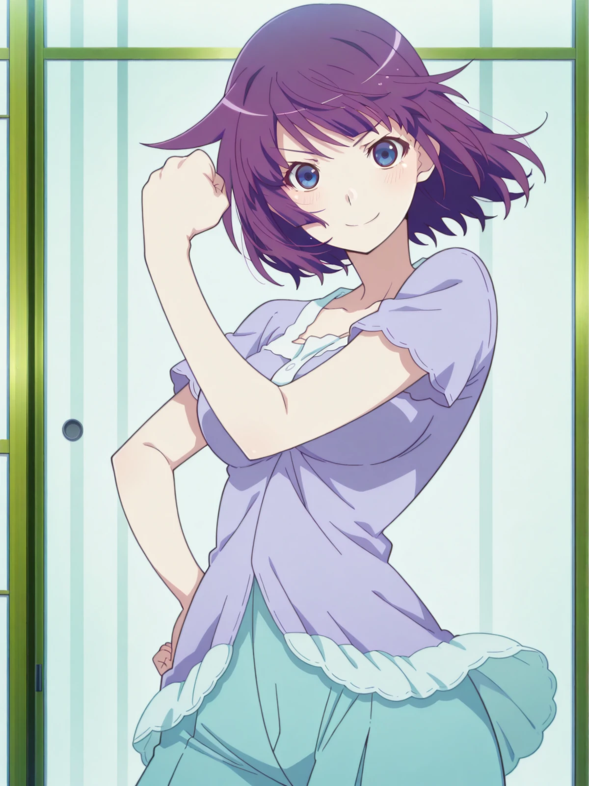 masterpiece, best quality, amazing quality,, <lora:hitagi-senjougahara-anime-illustriousxl-lora-nochekaiser:1>, hitagi senjougahara, bangs, short hair, blue eyes, purple hair, medium breasts, anime screencap, <lora:cureblack-pose-illustriousxl-lora-nochekaiser:1>, cureblack pose, solo, looking at viewer, blush, smile, cowboy shot, hand on own hip, hand up, clenched fist,, , ,