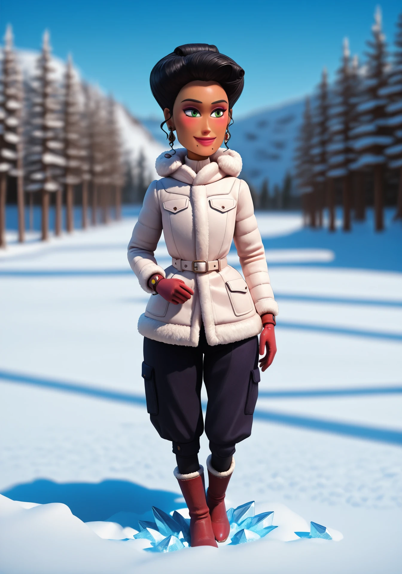 absurdres, 8k, high resolution, masterpiece, best quality, absolutely fantastic art, amazing quality, very aesthetic, realistic, 3d, blurry background, depth of field, <lora:adelinafortnight:.8>, adelinafortnight, 1girl, solo, smile, black hair, jewelry, green eyes, earrings, dark skin, mole, dark-skinned female, makeup, lipstick, mole under mouth, full body, parka, winter clothes, outdoors, ice, snow