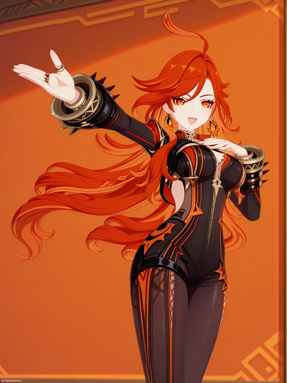 masterpiece, best quality, amazing quality,, <lora:genshin-mavuika-ingame-illustriousxl-lora-nochekaiser:1>, mavuika, mavuika (genshin impact), ahoge, long hair, orange eyes, orange hair, red hair, gradient hair, two-tone hair, very long hair, symbol in eye, mature female, breasts, 3d, <lora:curebeauty-pose-illustriousxl-lora-nochekaiser:1>, curebeauty pose, solo, smile, open mouth, standing, :d, outstretched arm, hands up,, , ,