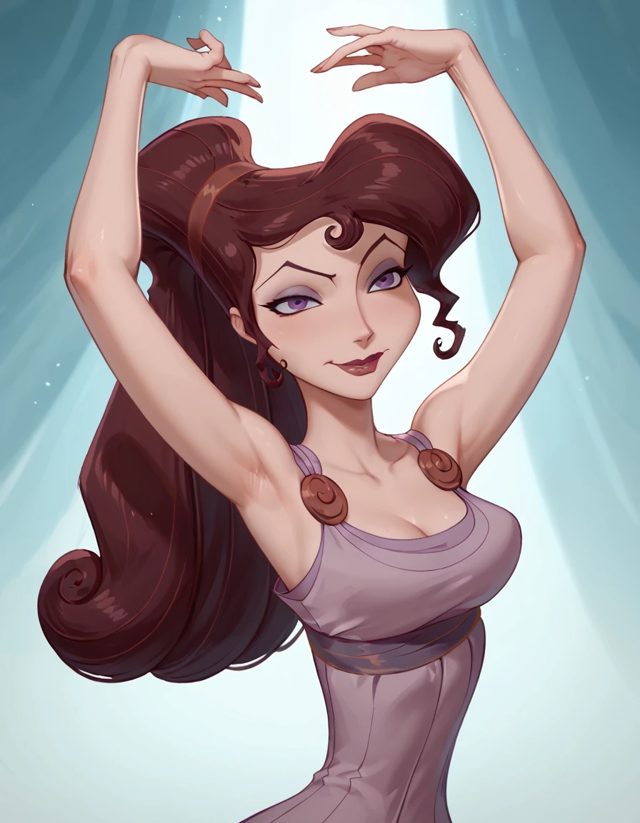 score_9, score_8_up, score_7_up, Hercules_Megara, standing, stretching arms upward, cheeky smirk