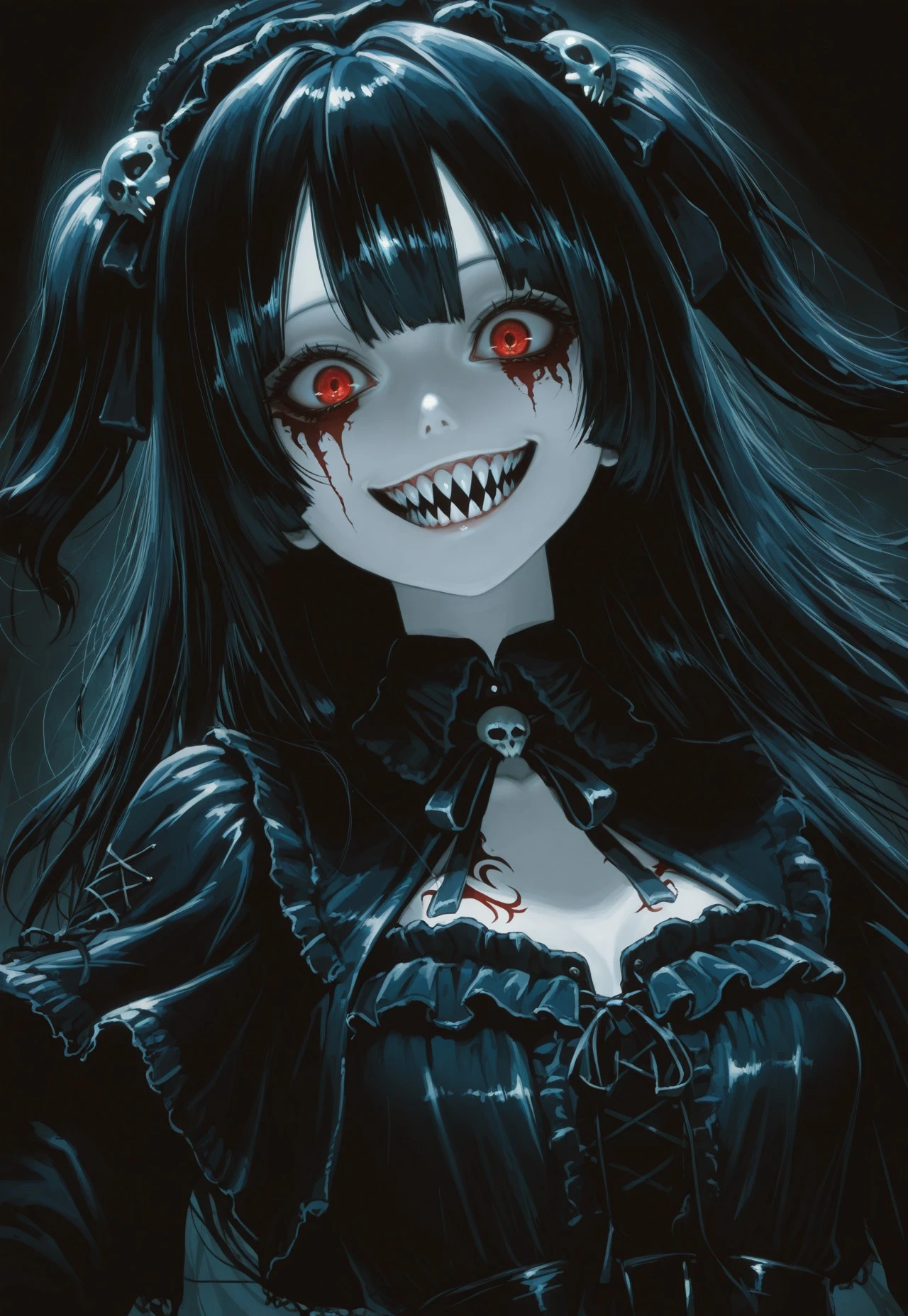 Sea_Pall, masterpiece, best quality, highly detailed, high-quality, 1girl, gothic style, portrait, creepy smile, sharp teeth, pale skin, black long hair with bangs, skull hair accessory, red tattoos on cheeks, wide open eyes, dark gothic outfit with ribbon tie, black jacket, eerie atmosphere, dark background, sinister aura, dynamic pose, masterpiece, best quality, horror anime style, dramatic shadows, breasts, unbuttoned, dynamic angle, dynamic pose, long nails, 