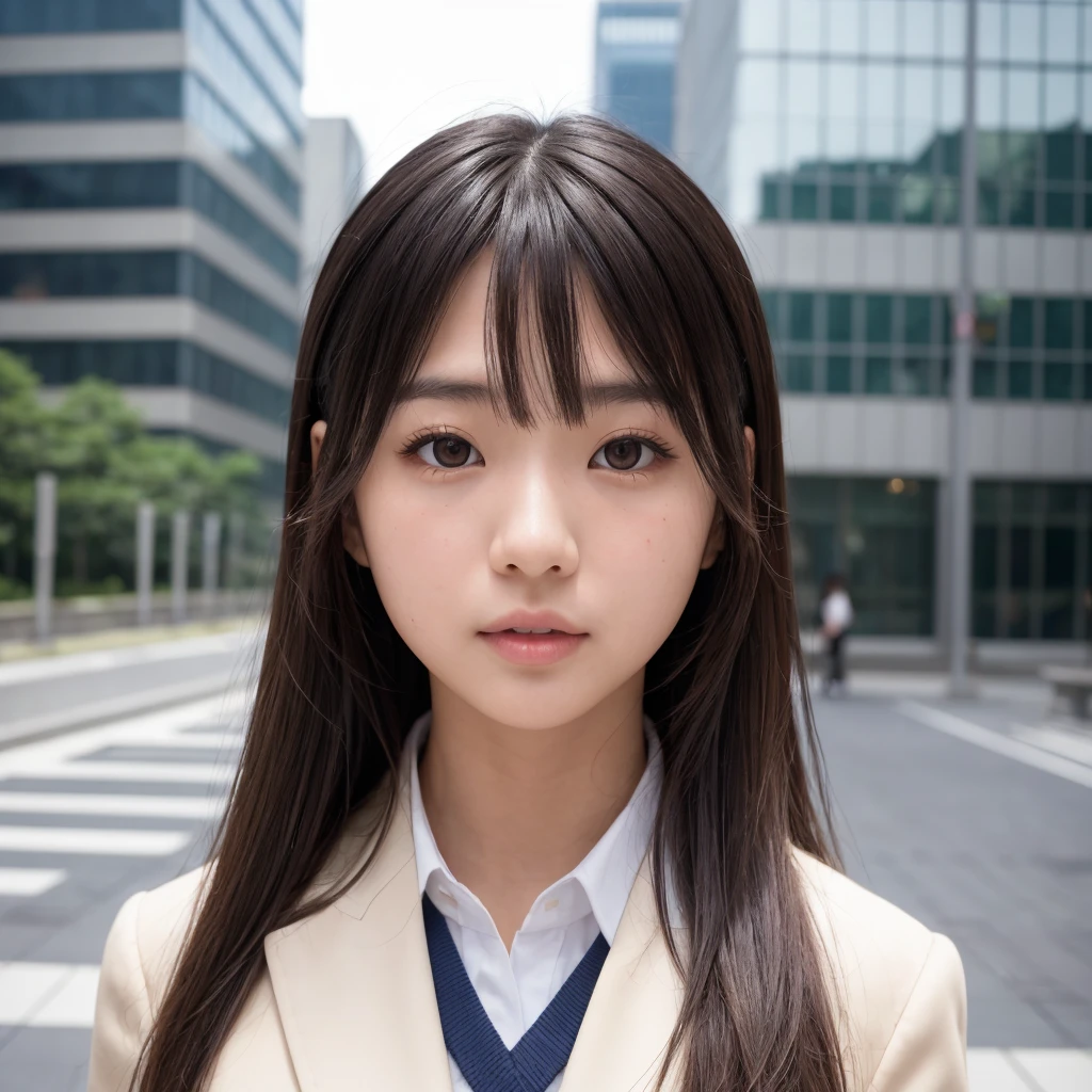masterpiece, Japanese girl, 1girl, solo, Modern Japanese courtyard downtown between skyscrapers, Modern glass and steel buildings, school uniform, sharp focus on girl, background out of focus, depth of field, (photorealistic face:1.25), stunning symmetry face, sunny day, bright sunshine, natural lighting, blush, petite,