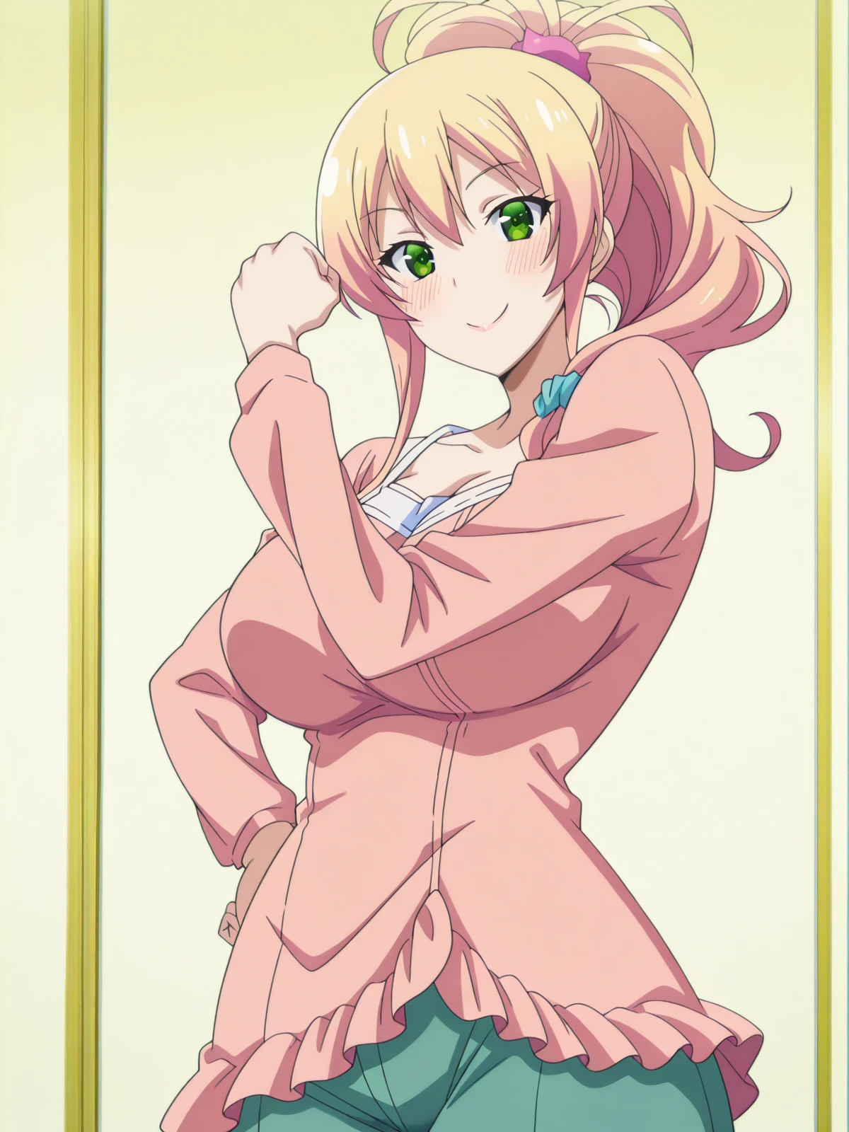 masterpiece, best quality, amazing quality,, <lora:yukana-yame-s1-illustriousxl-lora-nochekaiser:1>, yukana yame, long hair, blonde hair, green eyes, pink hair, ponytail, hair scrunchie, mature female, large breasts, anime screencap,, <lora:cureblack-pose-illustriousxl-lora-nochekaiser:1>, cureblack pose, solo, looking at viewer, blush, smile, cowboy shot, hand on own hip, hand up, clenched fist,, , ,