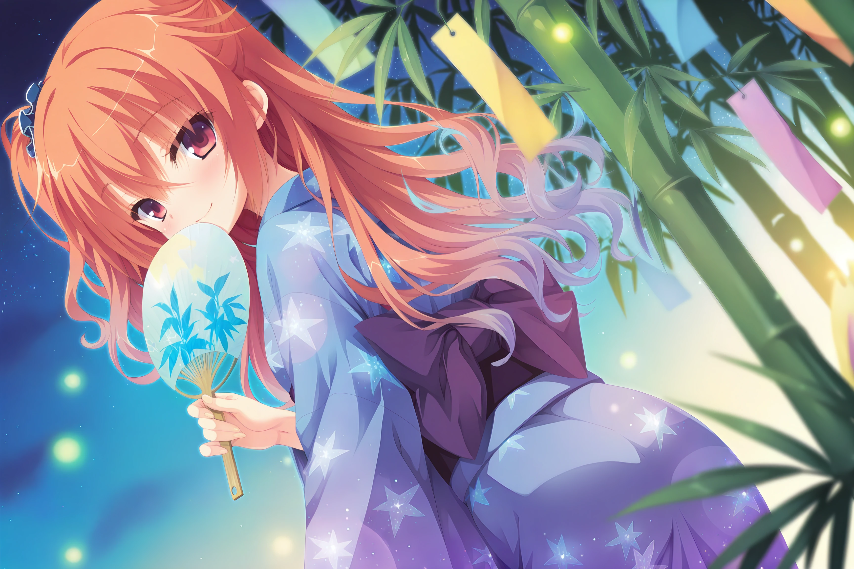 masterpiece,best quality,amazing quality,game cg,, inaba meguru,
orange hair, long hair,red eyes,
one side up,blue scrunchie, hair scrunchie,, 1girl,blurry,tanabata,japanese tanabata festival,bamboo grove with colorful tanzaku strips,tanzaku,fluttering poetry slips,staggered vermilion lantern rows,firefly light trails,gradient twilight sky,evening,star projection through bamboo leaves,fireflies,glowing,girl,cowboy shot,covering mouth,looking at viewer,blush,bishoujo,yukata with asagao pattern,staggered indigo dye layers,gradient indigo to water blue fabric,star-reflective obijime,obidome,holding uchiwa,from side,looking at viewer,portrait,dutch angle,happy,from behind,
