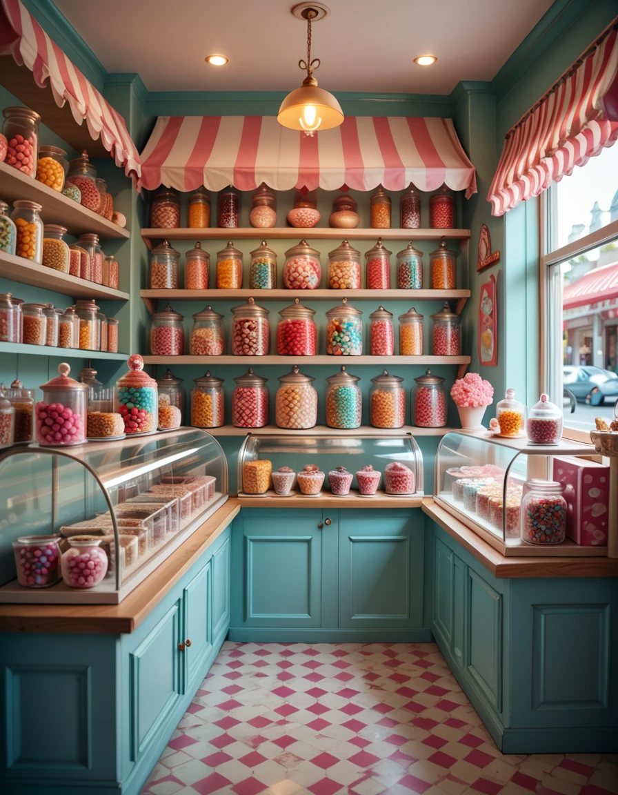 A whimsical candy shop filled with shelves overflowing with colorful sweets, glass jars of lollipops, gummy bears, and chocolates. The shop interior glows warmly, with pastel-painted walls, striped awnings, and a playful, nostalgic atmosphere that feels magical and inviting.
<lora:whimsical_candy_sh0p-p:1>whimsical candy sh0p score_9, score_8_up, score_7_up,amazing quality, ultra realistic, 3D, HD, best quality, amazing quality, very aesthetic, absurdres