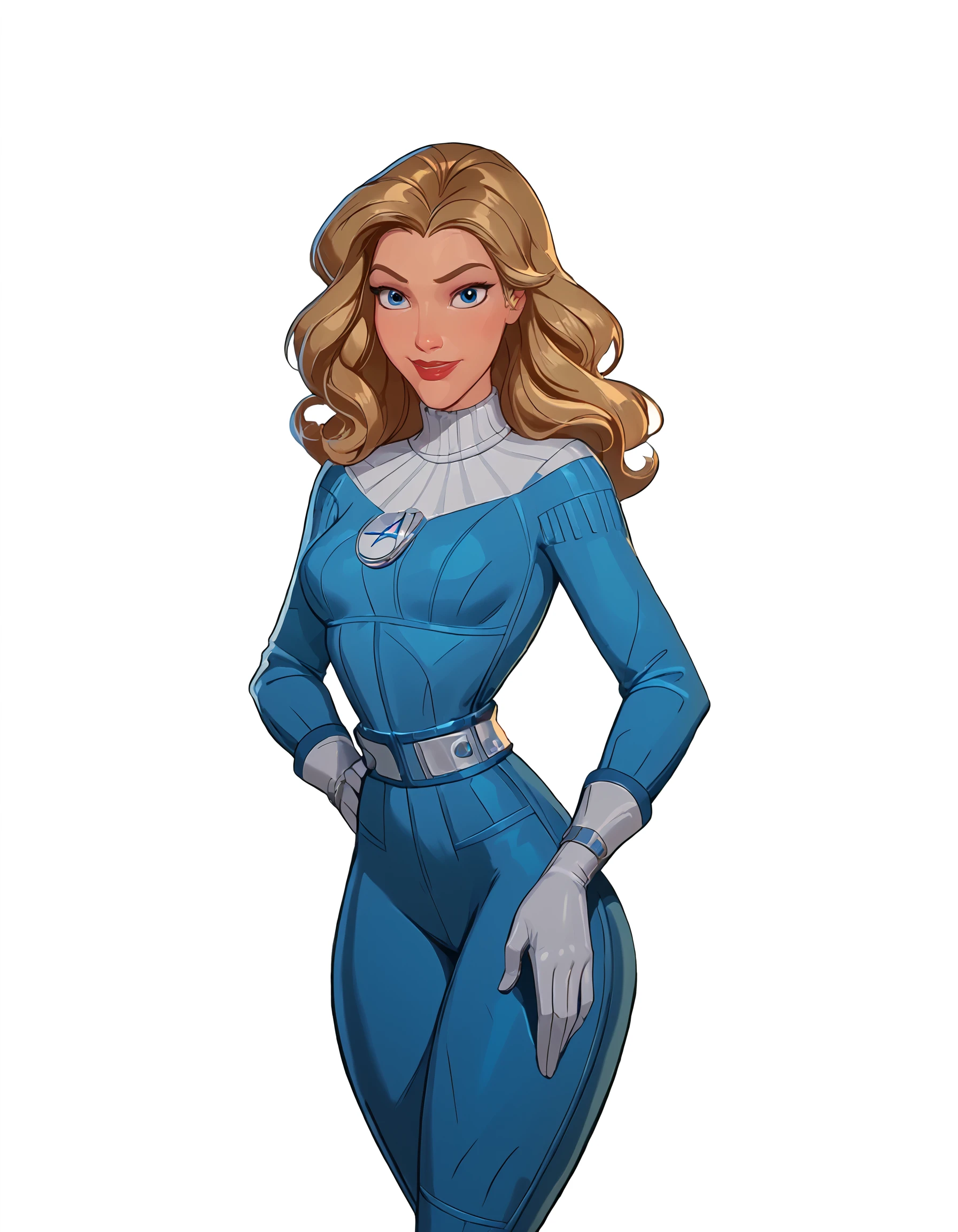 <lora:Disney_Style:1> <lora:Disney_Animation_Pony_v1:0.1> <lora:princess_xl_v2:.75> <lora:add-detail-xl:.9> <lora:g0th1cPXL:.3> <lora:Cherry-Gig:.45> <lora:Expressive_H:1> <lora:PLASTT_PonyV6:1> score_9, score_8_up, score_7_up, zPDXL, (DisneyRenstyle), score_9,score_8_up,score_7_up,score_6_up,
1girl, solo, (((Sue Storm, Standing, first steps outfit, 3/4 view, ambient light, white background, plain background)))
(blonde wavy hair), white and blue jumpsuit, Fantastic 4 logo, white and blue gloves, white belt, white shoulder pads, white turtleneck,
perfect face, beautiful face, smile, excited expression, red lips, blue eyes, slender, sexy legs, hands on hips,
<lora:Sue_Storm__Invisible_Woman__Marvel_Rivals__By_Zairasass:0.9>