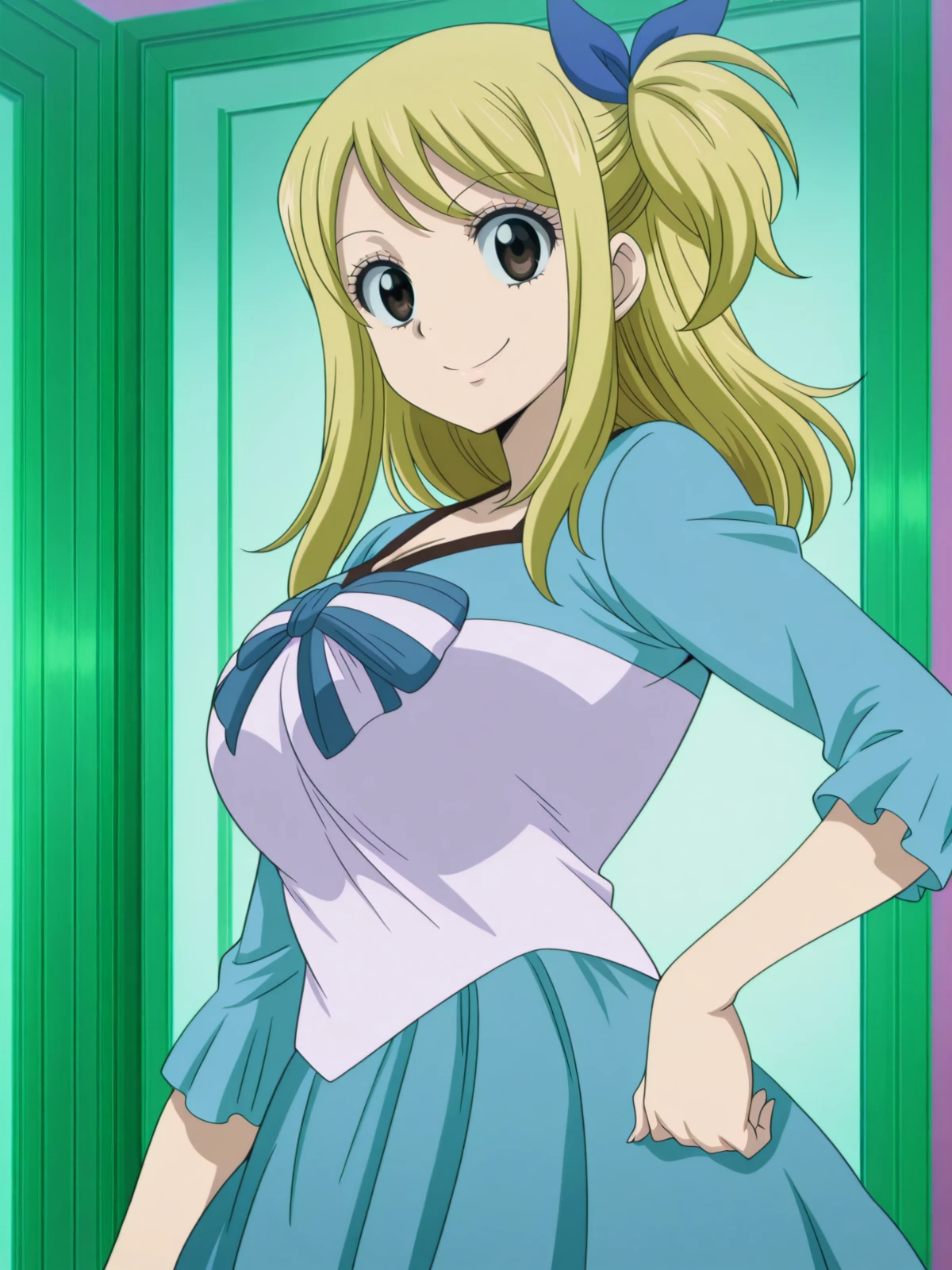 masterpiece, best quality, amazing quality,, <lora:lucy-heartfilia-s1s3s7-illustriousxl-lora-nochekaiser:1>, lucy heartfilia, one side up, ribbon, hair ribbon, blue ribbon, blonde hair, brown eyes, long hair, mature female, large breasts, anime screencap, <lora:sailormars-pose-illustriousxl-lora-nochekaiser:1>, sailormars pose, solo, looking at viewer, smile, cowboy shot, hand on own hip,, , ,