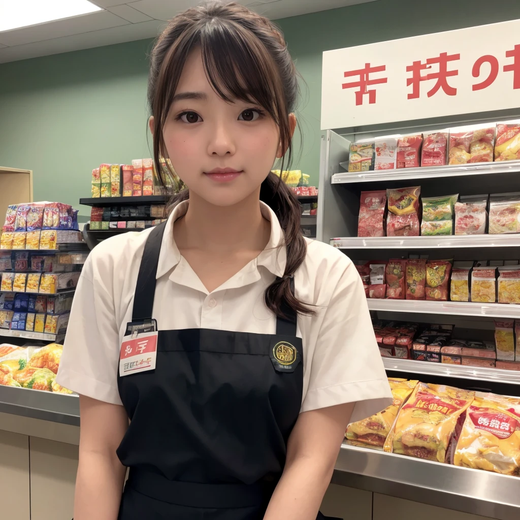 masterpiece, 4k picture, sharp focus, cute Japanese girl, convenience store, 7-11 store, girl behind counter, pov, Japanese convenience store, cute modern Japanese store, store checkout, cashier girl, workers apron, company apron, work clothes, outfit, cashier outfit, round cute face, fair skin, flat chest, ahegao, 1girl, solo, (photorealistic face:1.25), blush, heavy blush, petite, natural lighting, bright sunshine,
