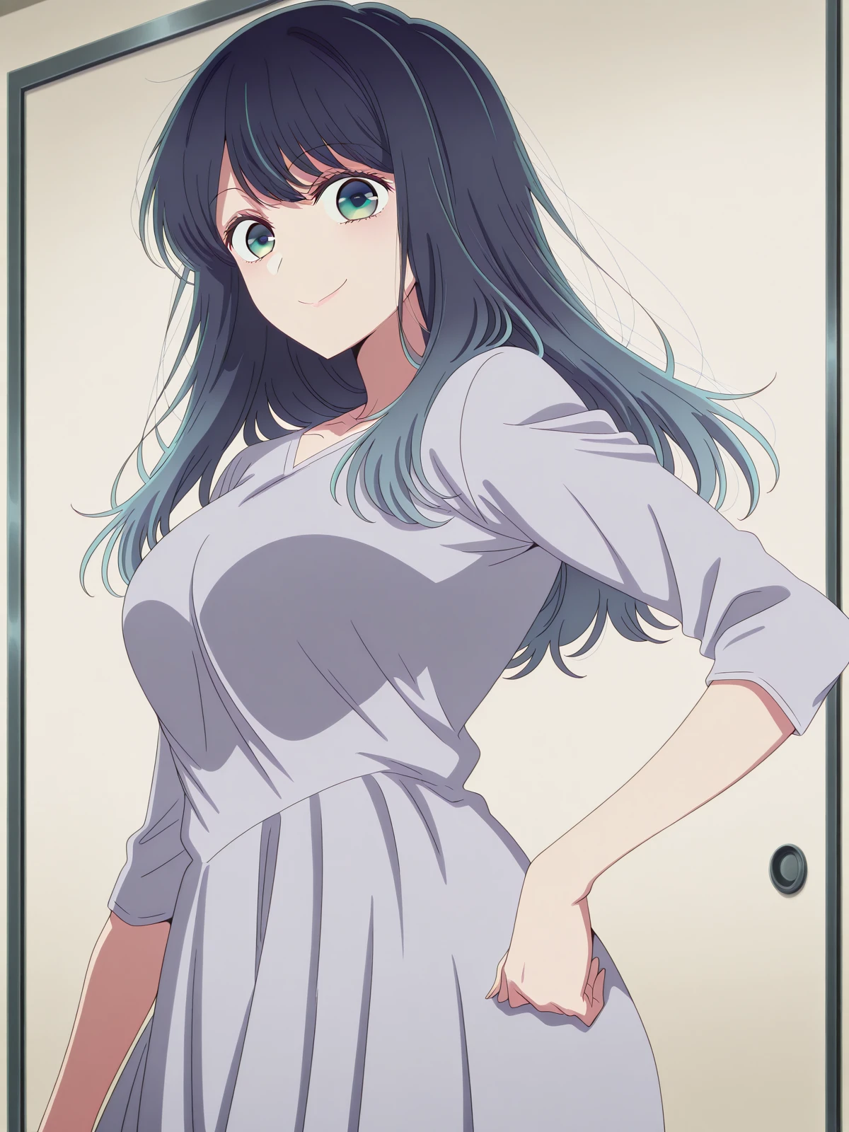 masterpiece, best quality, amazing quality,, <lora:akane-kurokawa-s1s2-illustriousxl-lora-nochekaiser:1>, akane kurokawa, kurokawa akane, long hair, bangs, blue eyes, green eyes, black hair, blue hair, multicolored hair, gradient hair, mature female, large breasts, anime screencap, <lora:sailormars-pose-illustriousxl-lora-nochekaiser:1>, sailormars pose, solo, looking at viewer, smile, cowboy shot, hand on own hip,, , ,