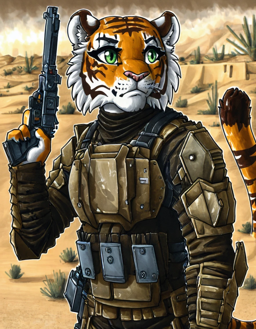 anthro, tiger, odst armor, holding pistol, desert