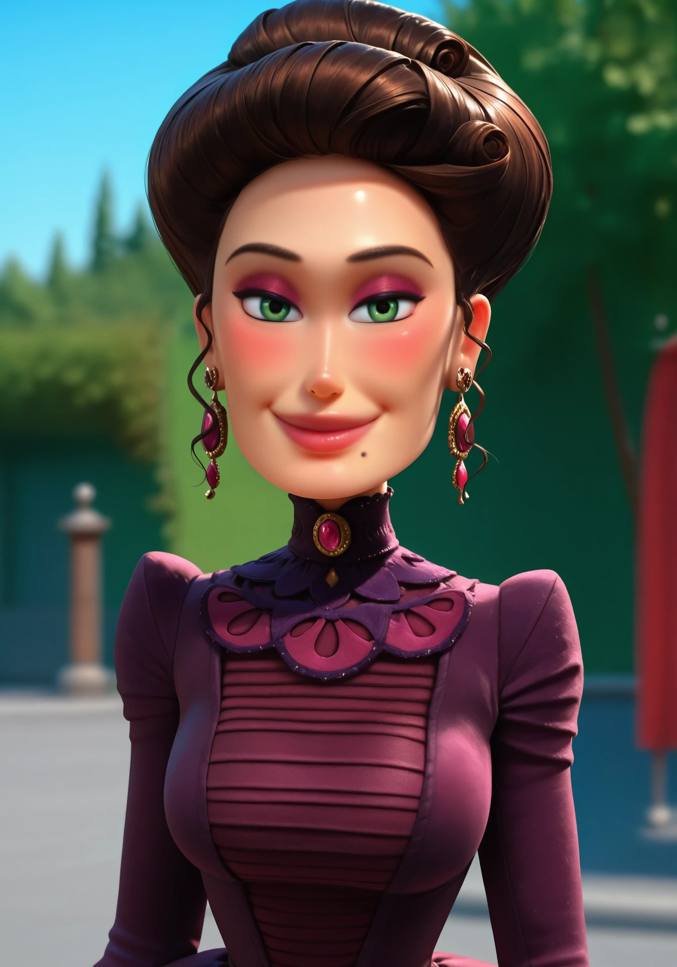 absurdres, 8k, high resolution, masterpiece, best quality, absolutely fantastic art, amazing quality, very aesthetic, realistic, 3d, blurry background, depth of field, <lora:adelinafortnight:.8>, adelinafortnight, 1girl, solo, looking at viewer, blush, smile, brown hair, dress, jewelry, green eyes, earrings, mole, lips, makeup, lipstick, mole under mouth, eyeshadow, large breasts, purple dress, upper body, outdoors