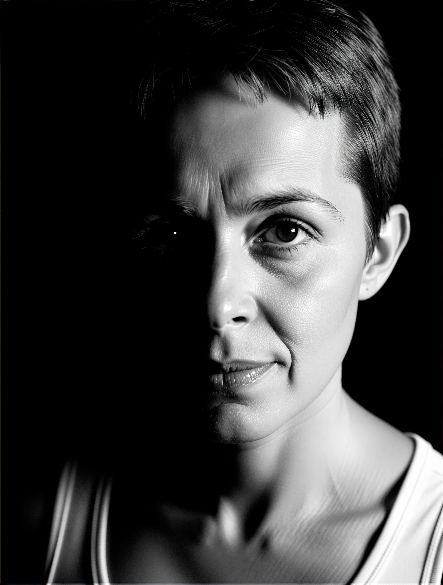 A close-up portrait of a woman with short hair, photographed in black and white. She wears a simple tank top and gazes off-camera. The high-contrast lighting creates dramatic shadows across her face.
