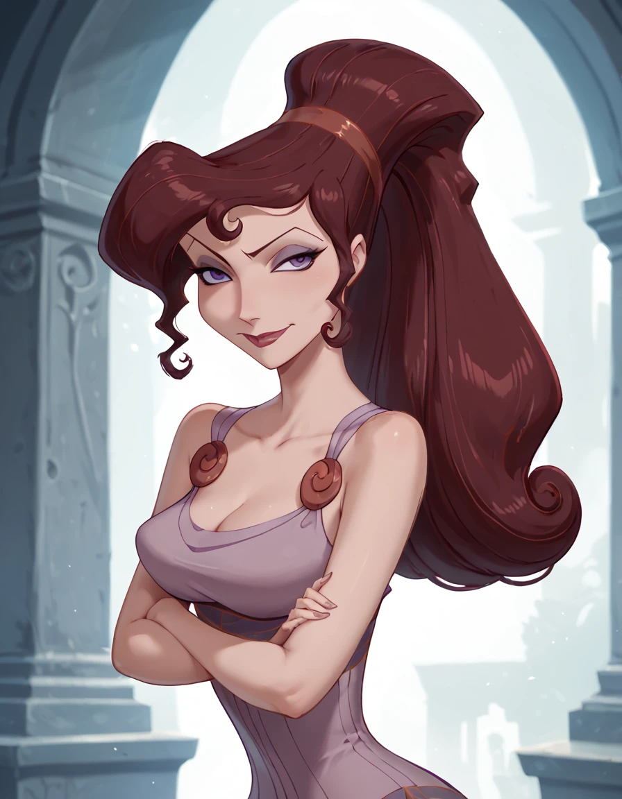 score_9, score_8_up, score_7_up, Hercules_Megara, standing, arms crossed, cheeky smirk