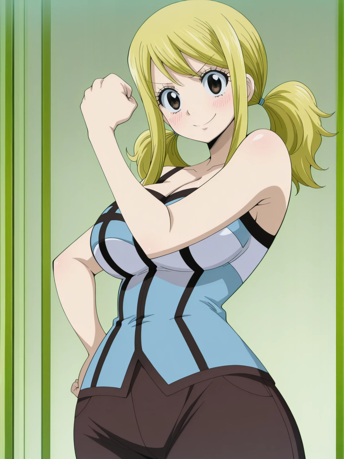 masterpiece, best quality, amazing quality,, <lora:lucy-heartfilia-s1s3s7-illustriousxl-lora-nochekaiser:1>, lucy heartfilia, twintails, low twintails, sidelocks, blonde hair, brown eyes, long hair, mature female, large breasts, anime screencap, <lora:cureblack-pose-illustriousxl-lora-nochekaiser:1>, cureblack pose, solo, looking at viewer, blush, smile, cowboy shot, hand on own hip, hand up, clenched fist,, , ,