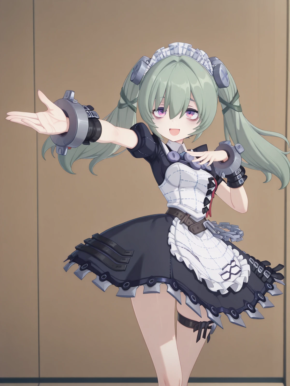 masterpiece, best quality, amazing quality,, <lora:zzz-corin-wickes-ingame-illustriousxl-lora-nochekaiser:1>, corin wickes, bags under eyes, black ribbon, green hair, long hair, purple eyes, twintails, mature female, small breasts, 3d, <lora:curebeauty-pose-illustriousxl-lora-nochekaiser:1>, curebeauty pose, solo, smile, open mouth, standing, :d, outstretched arm, hands up,, , ,